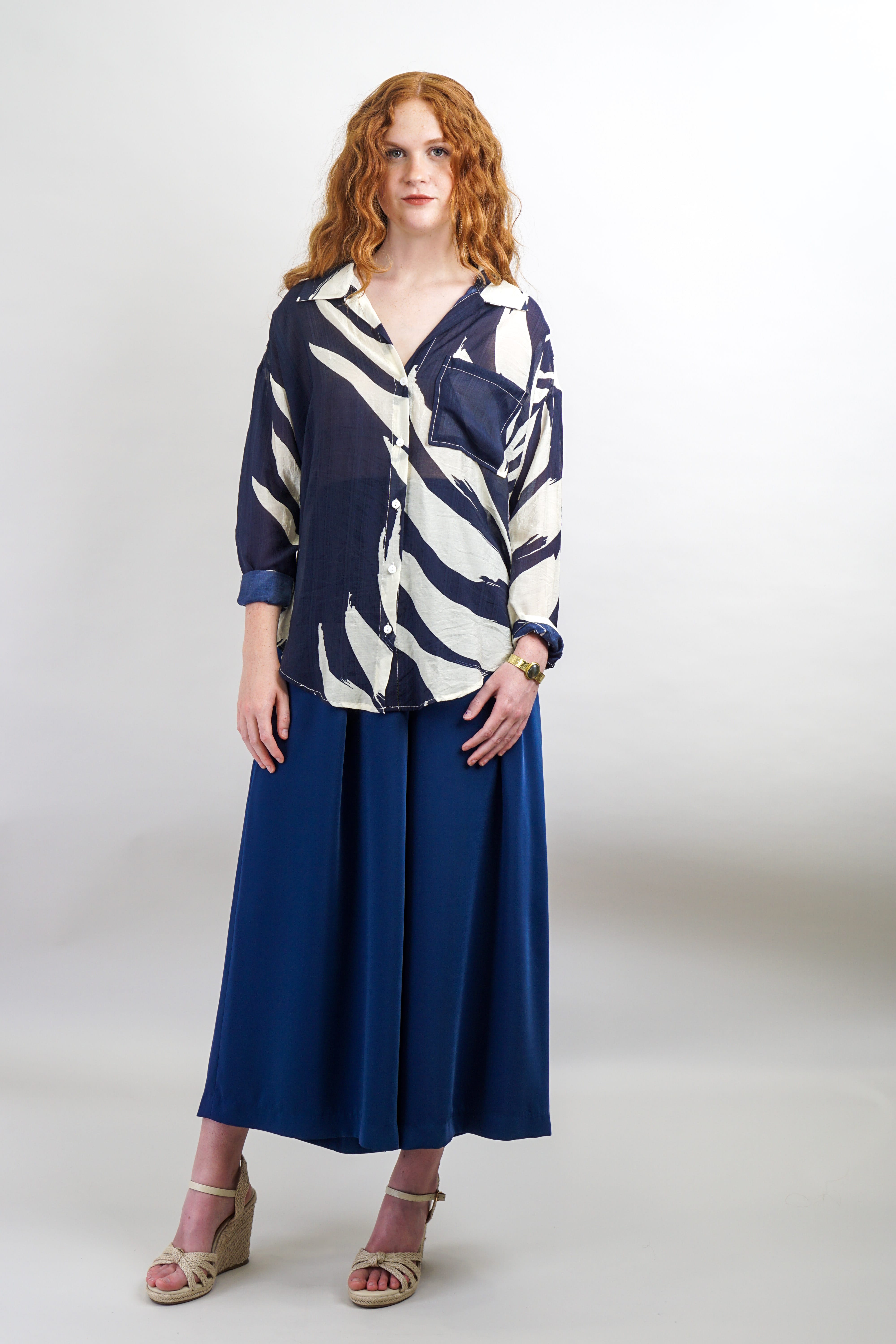 Private Label TOPS Navy & Ivory Sheer Loose Shirt