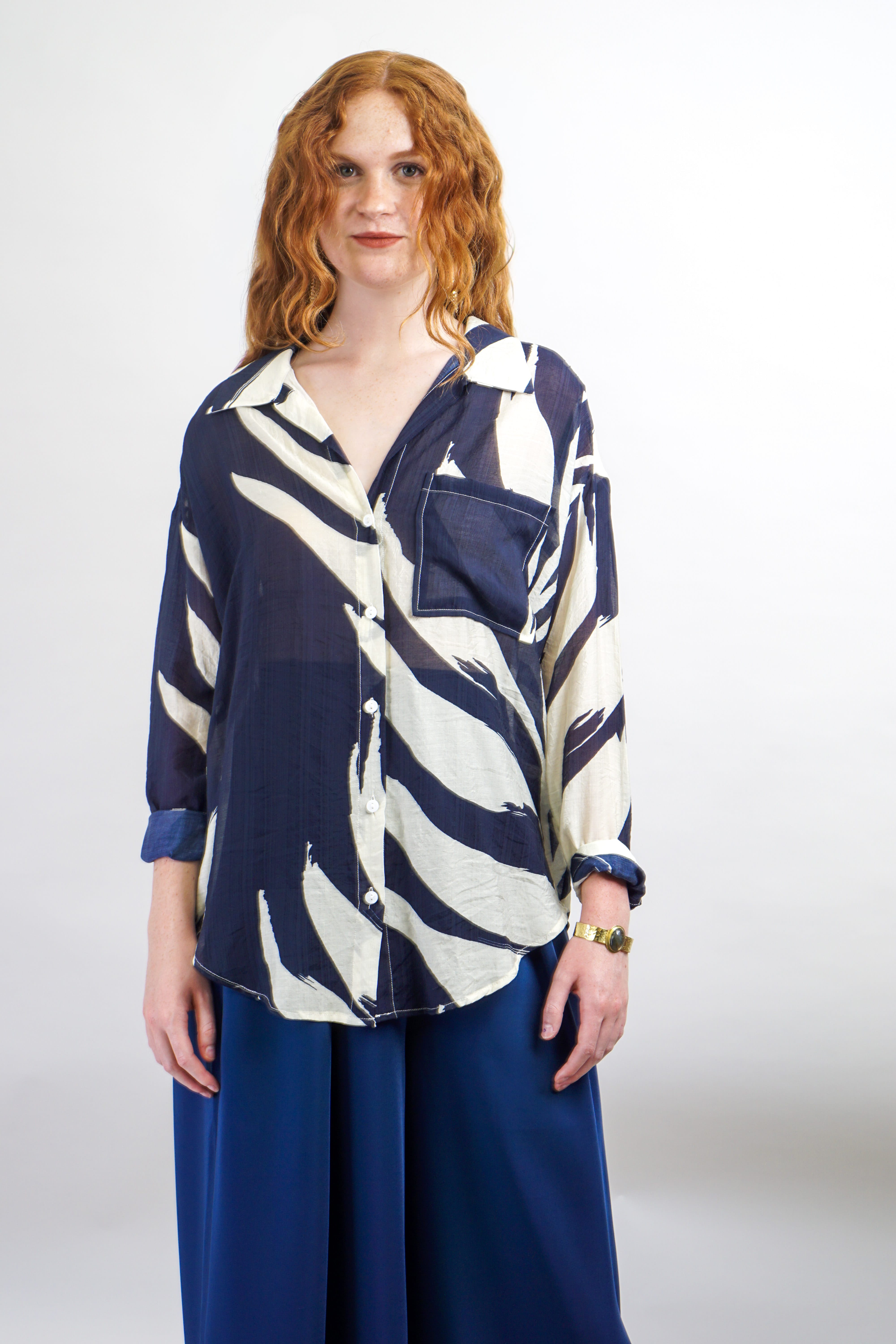 Private Label TOPS Navy & Ivory Sheer Loose Shirt
