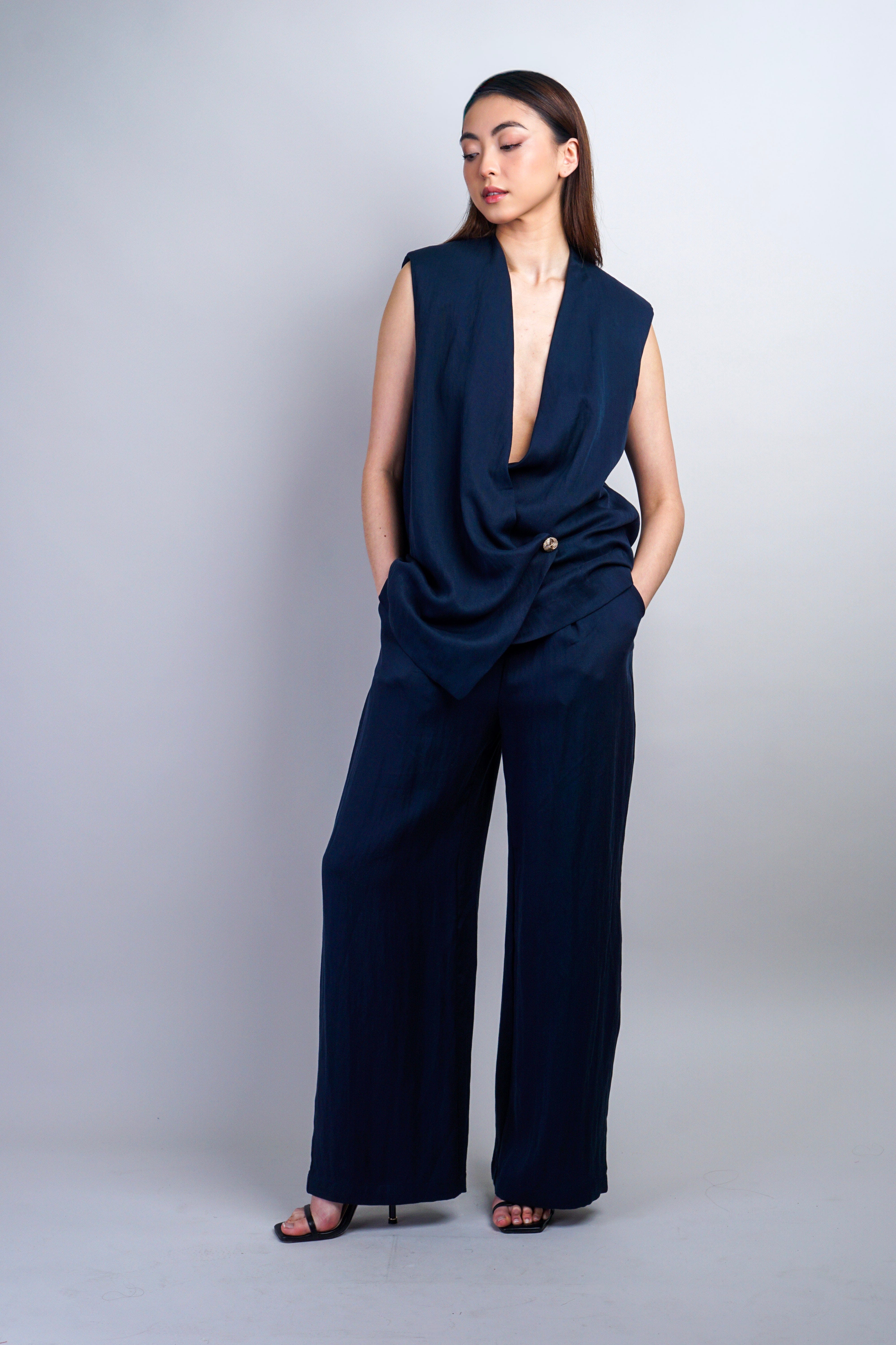 Private Label TOPS Navy Overlapped Asymmetric Top