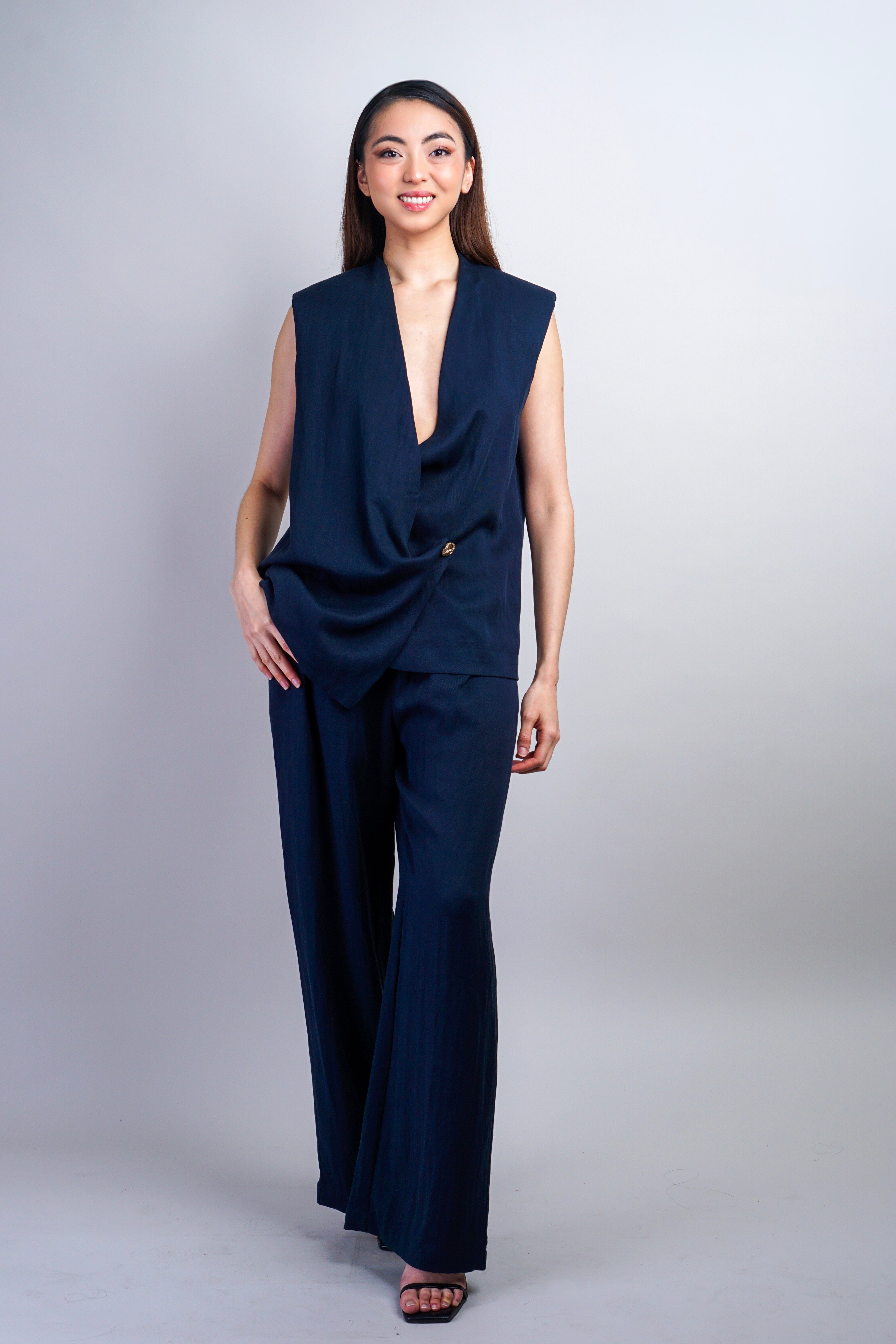 Private Label TOPS Navy Overlapped Asymmetric Top