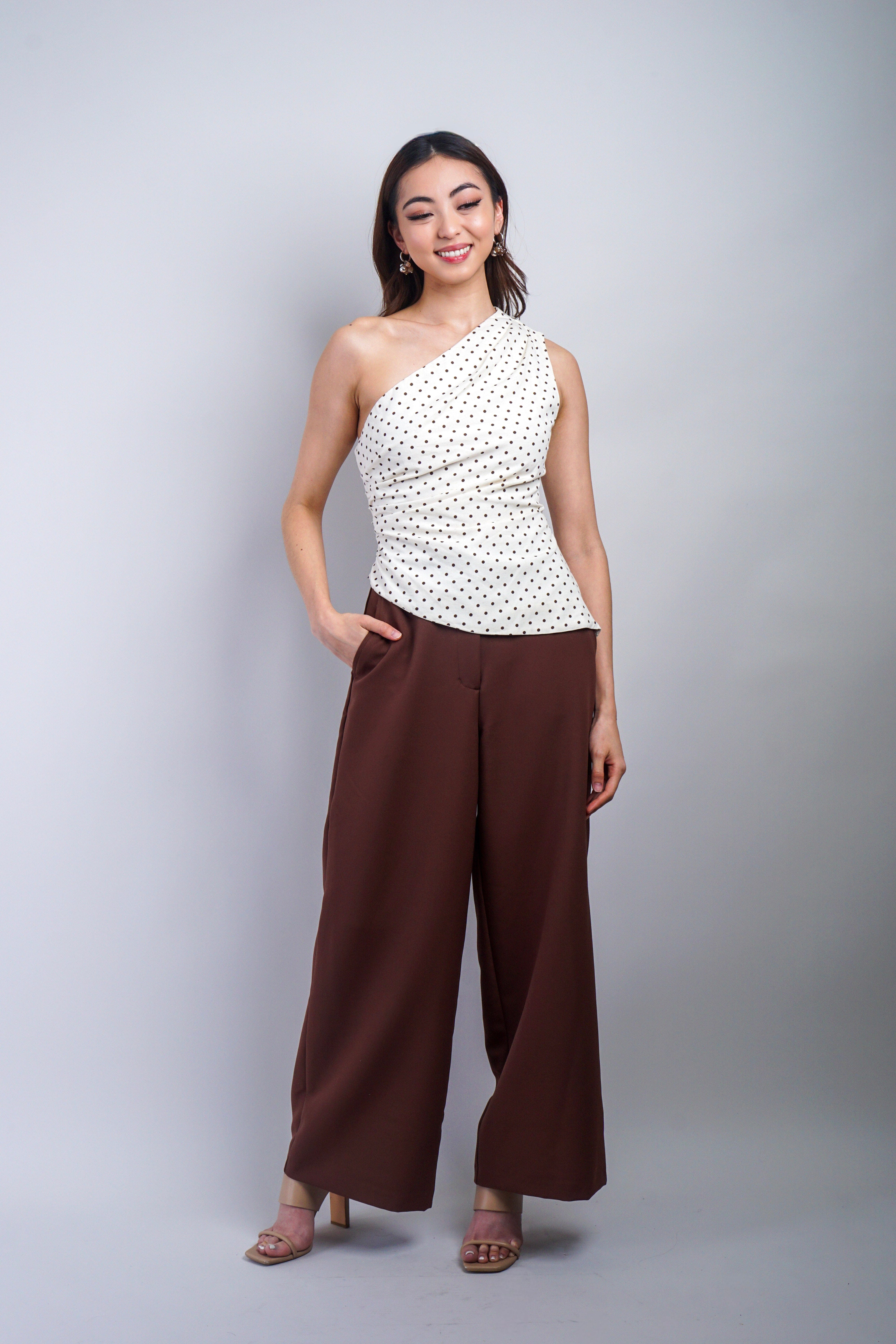 Private Label TOPS Oatmeal One Shoulder Polka Dot Top