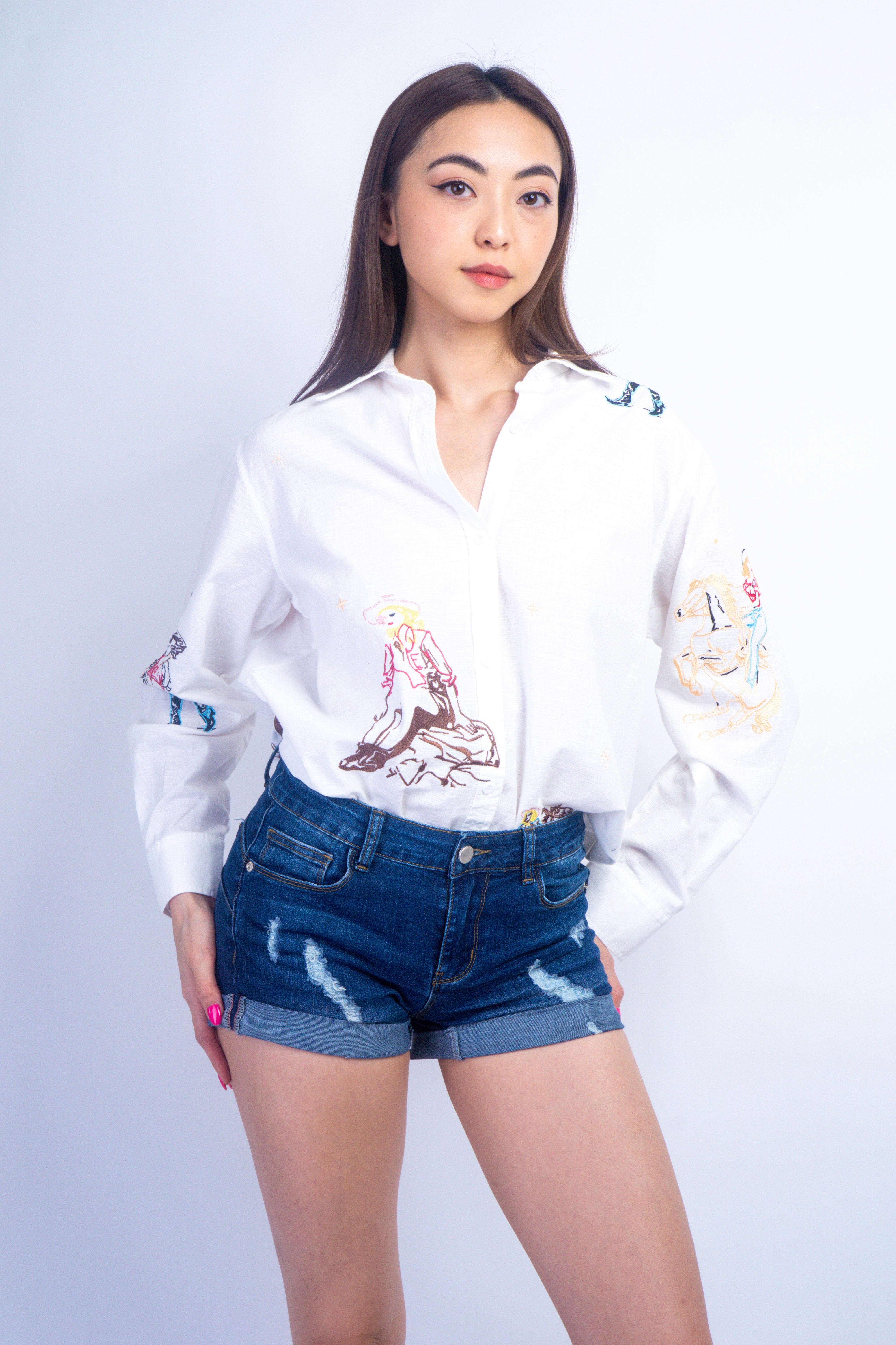 DCD TOPS Off White Embroidered Western Cowgirl Button Up Linen Shirt
