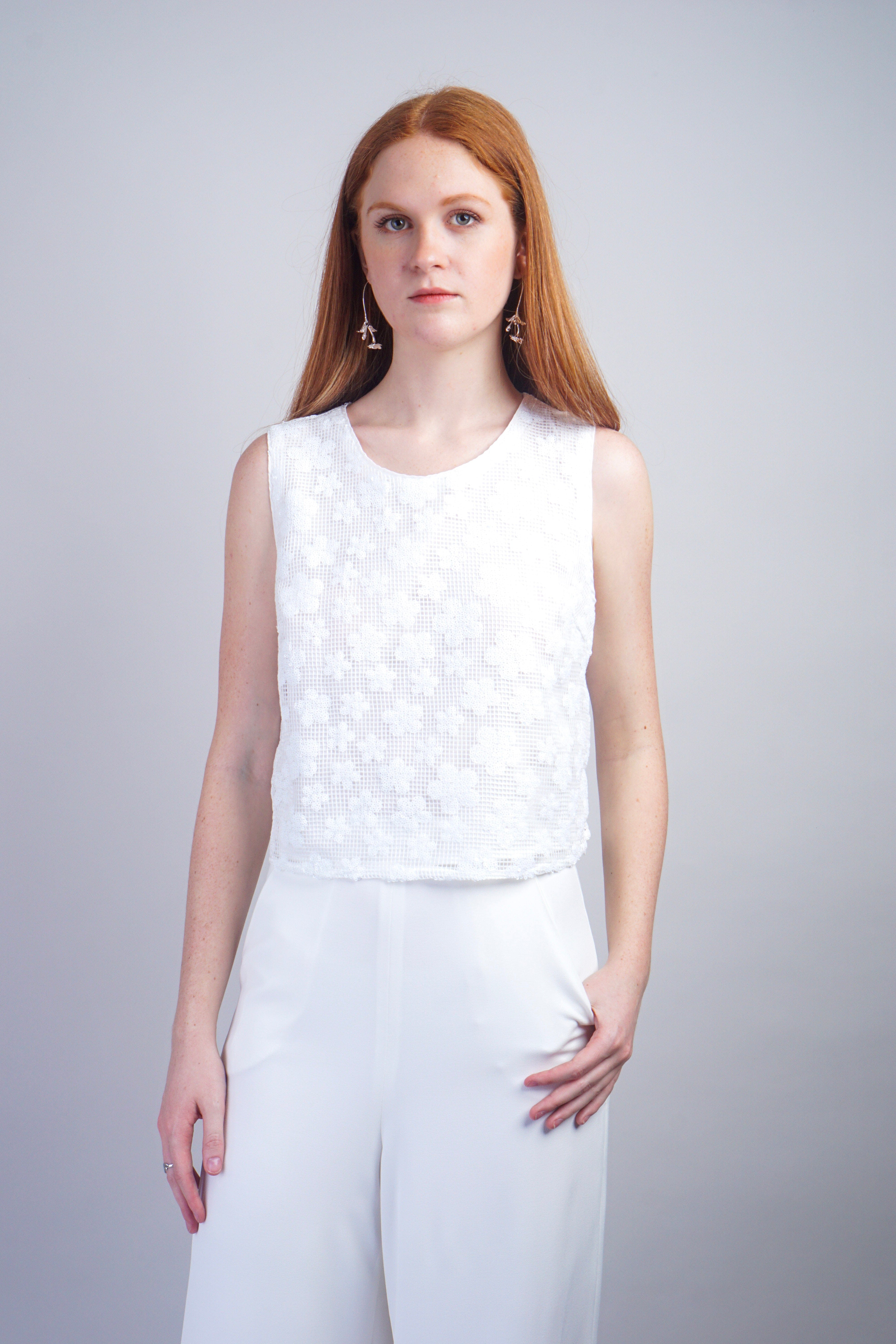 Private Label TOPS Off White Sleeveless Sequin Top