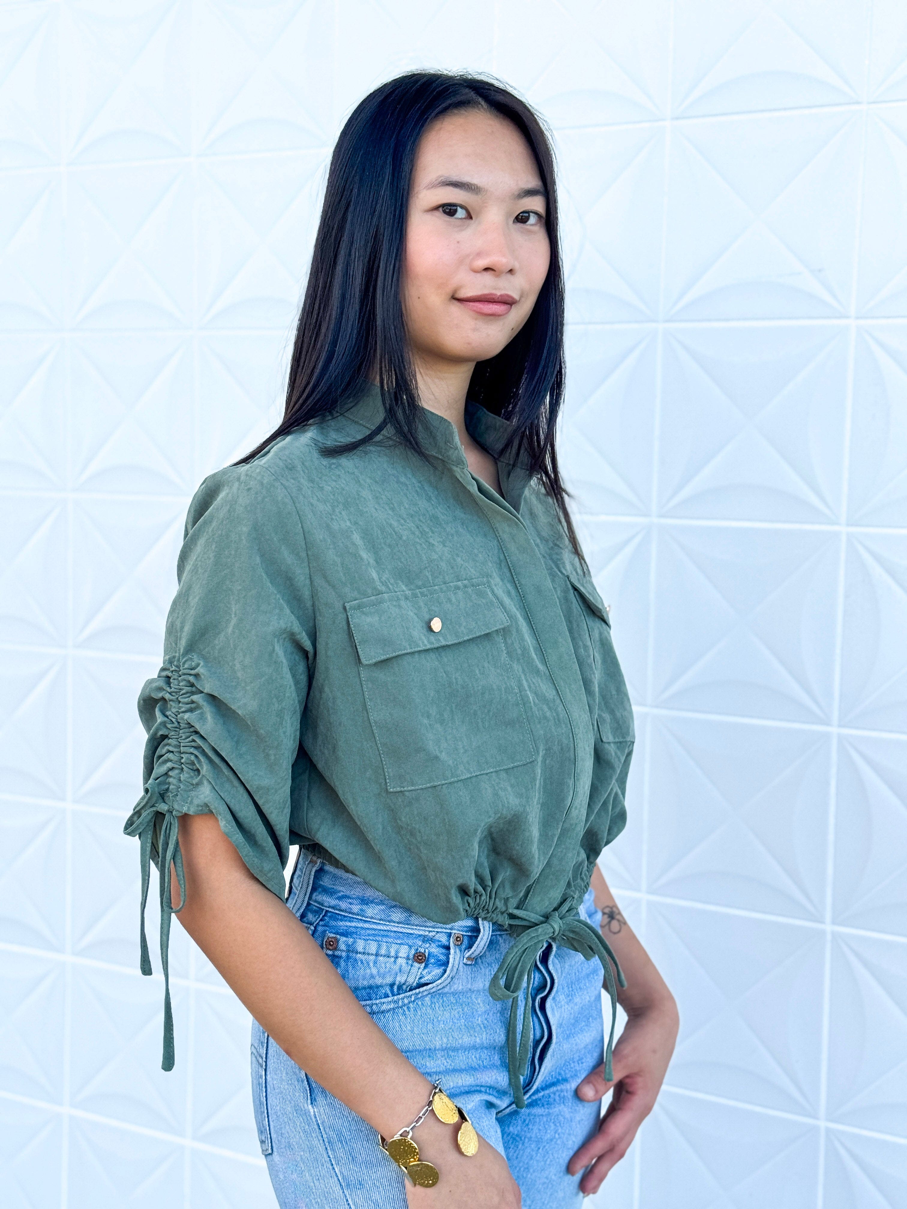 Private Label TOPS Olive Adjustable Sleeve/Waist Crop Top/Jacket