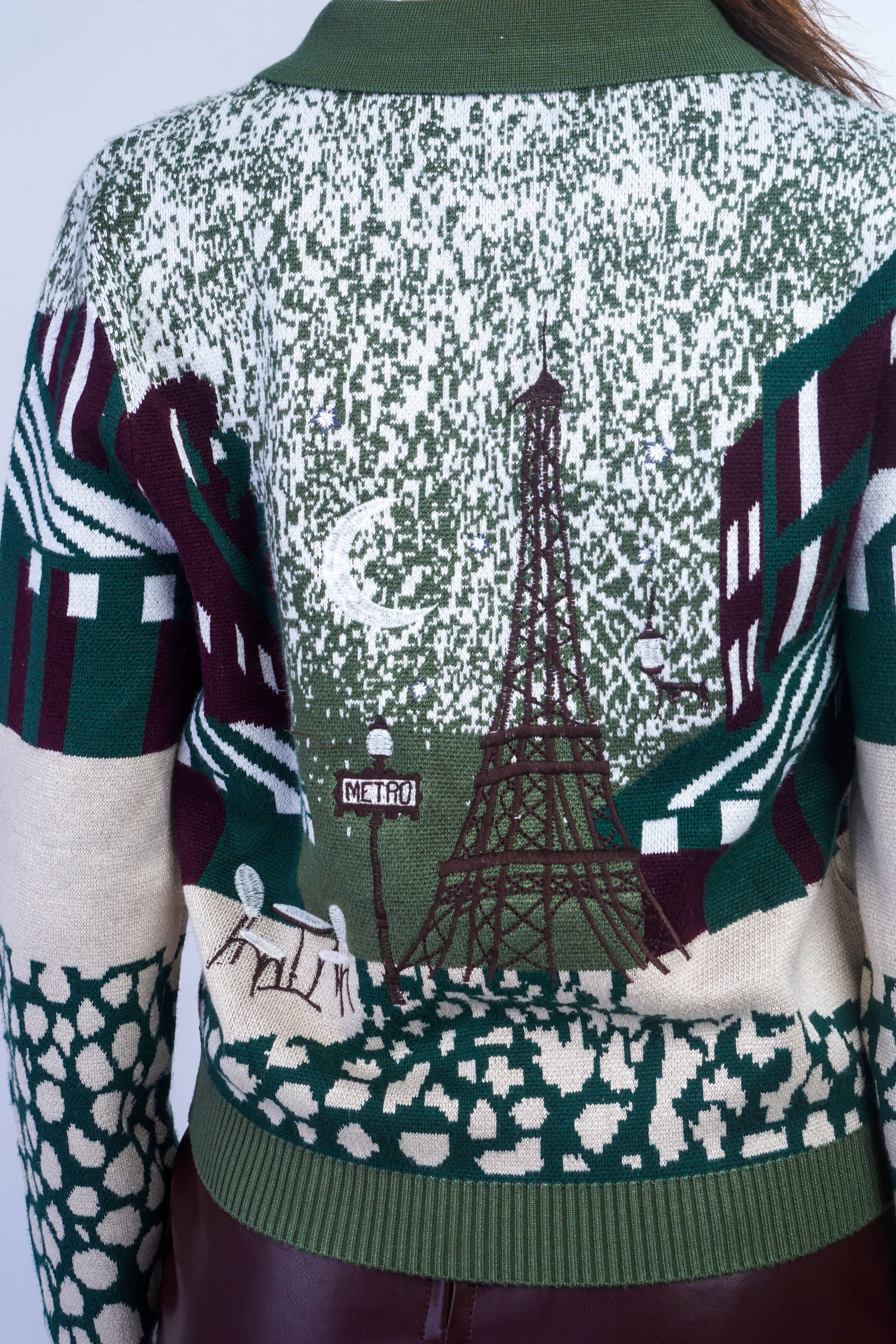 Private Label TOPS Olive Paris Jacquard & Embroidery Print Cardigan