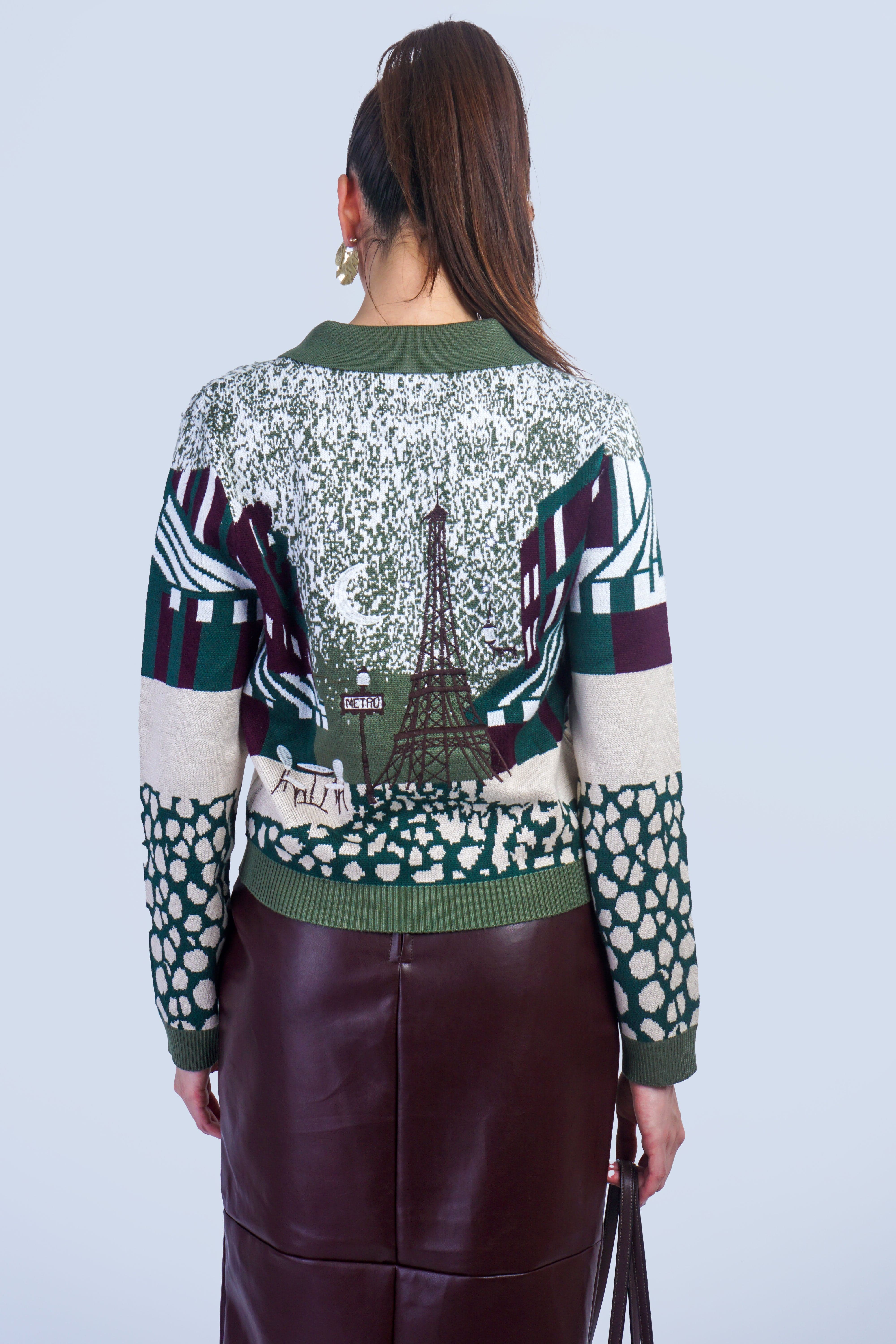 Private Label TOPS Olive Paris Jacquard & Embroidery Print Cardigan