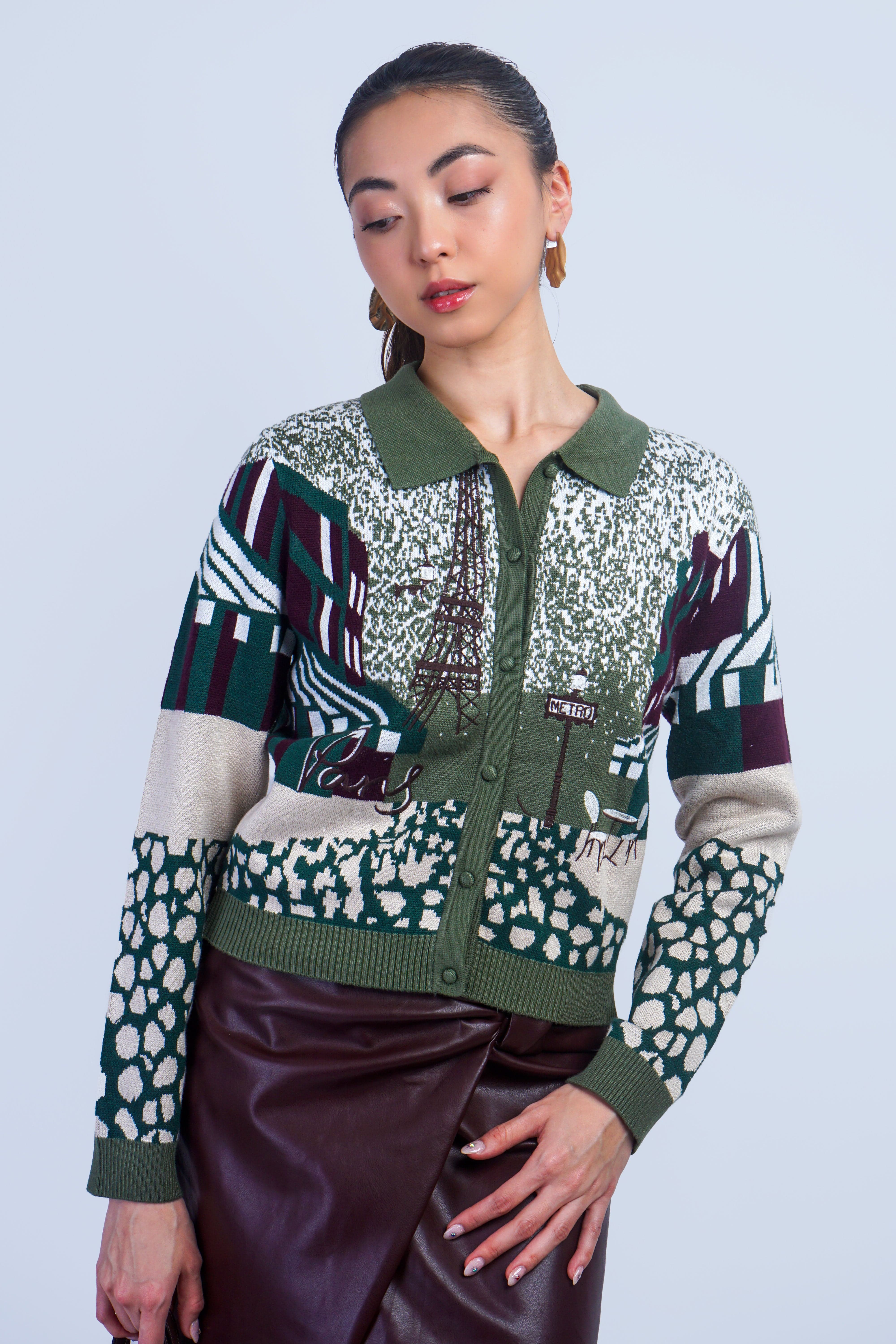 Private Label TOPS Olive Paris Jacquard & Embroidery Print Cardigan