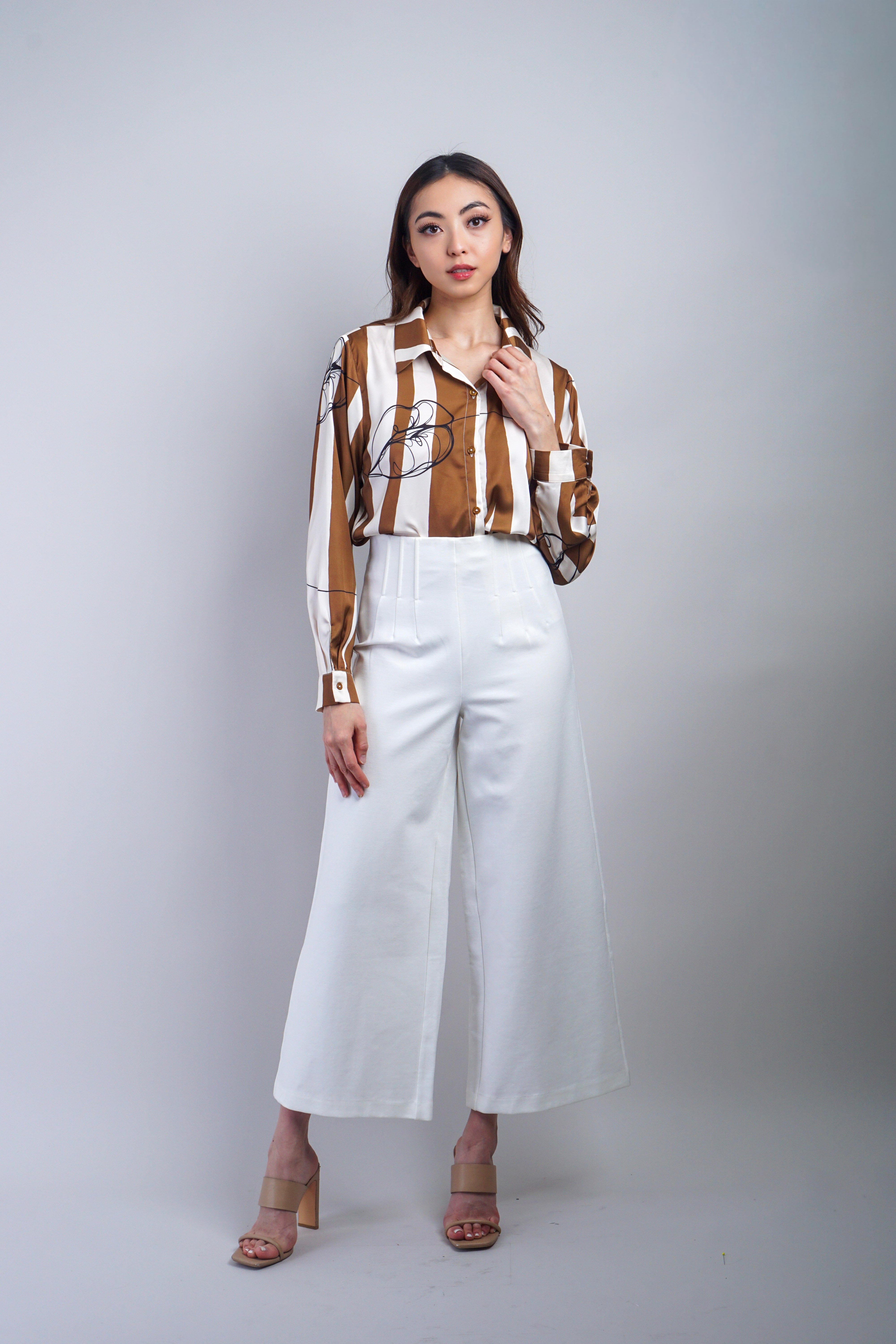 Private Label TOPS Pecan Ivory Stripe Line Flower Shirt Top