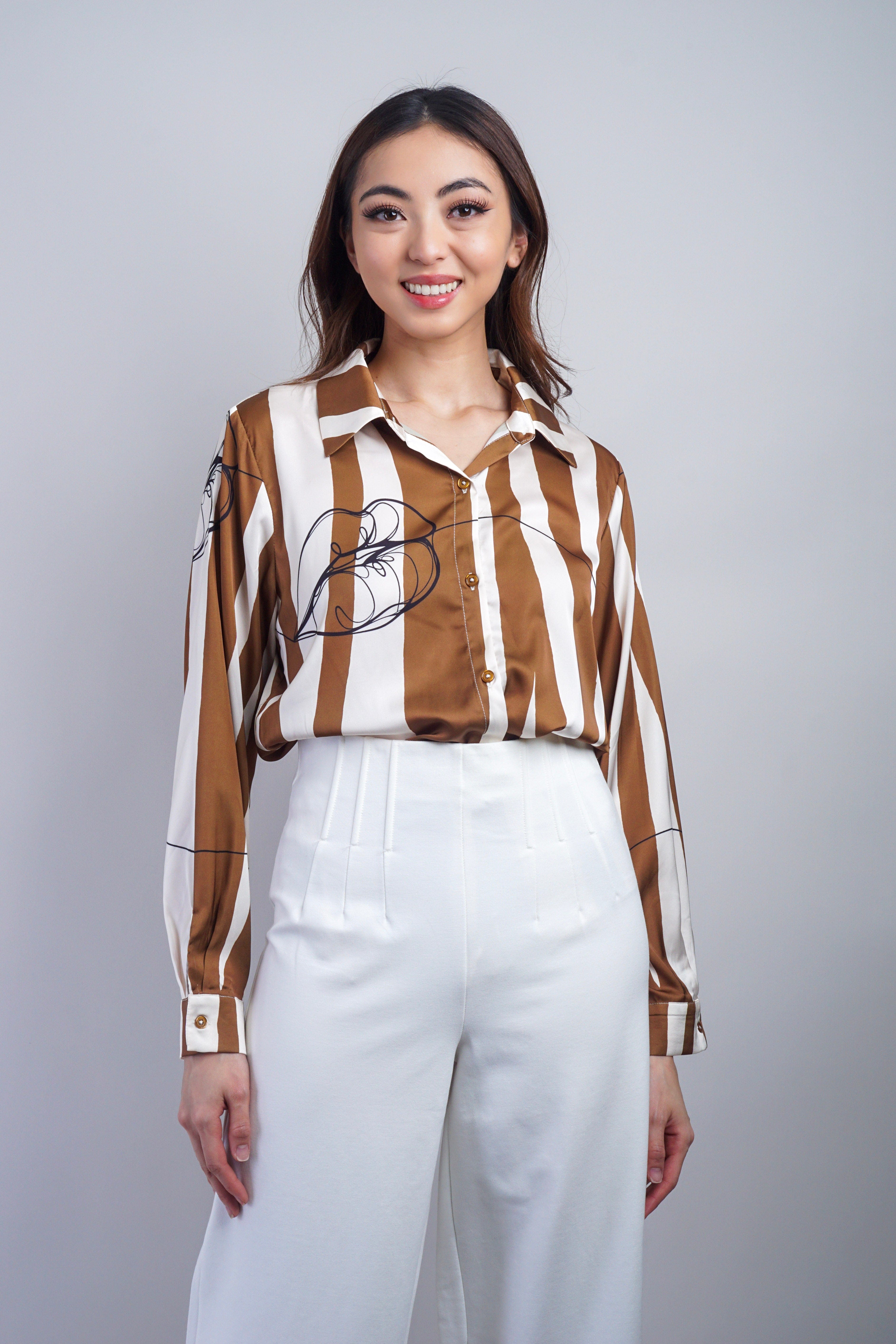 Private Label TOPS Pecan Ivory Stripe Line Flower Shirt Top