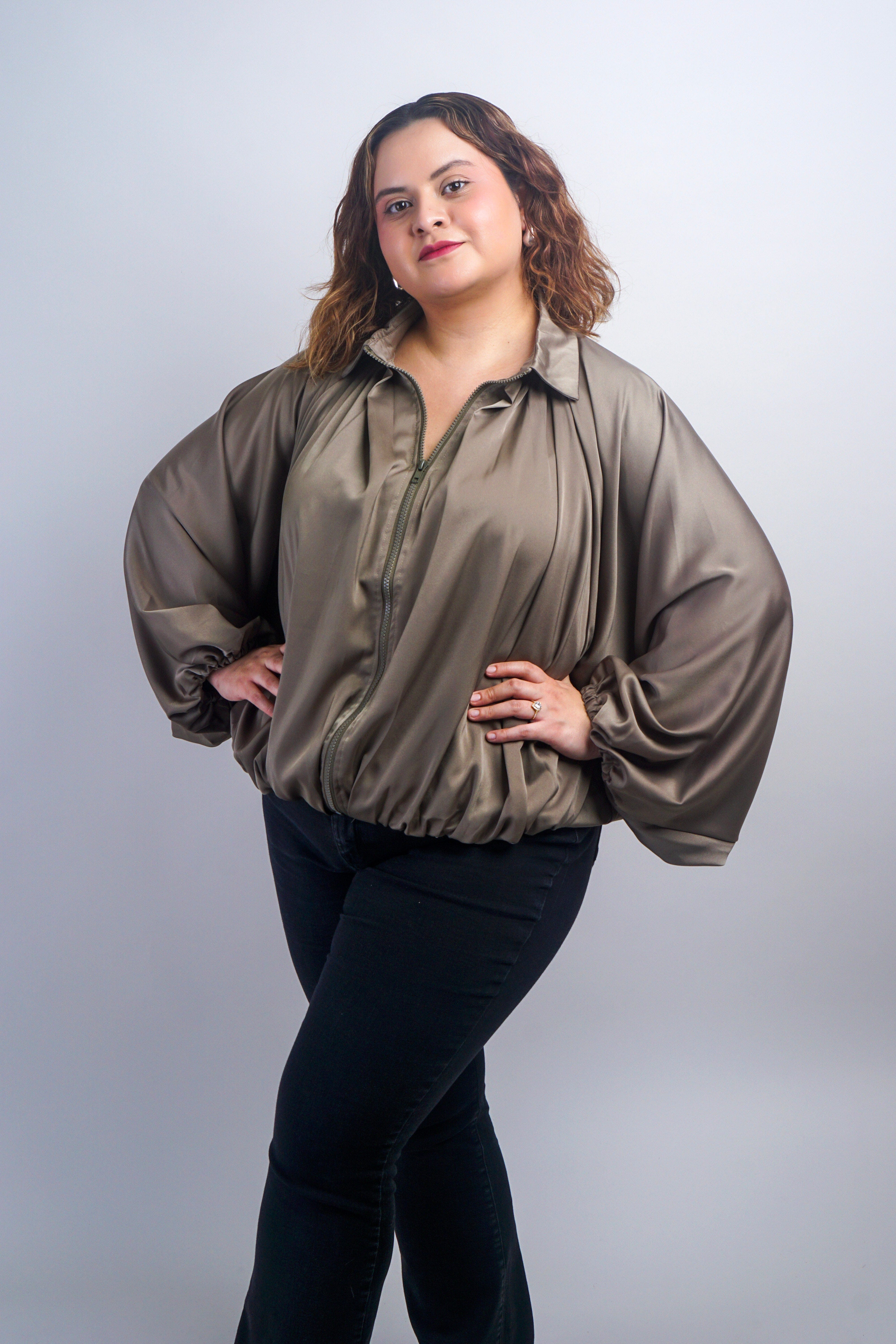 Private Label TOPS Plus Olive Blouson Raglan Sleeve Jacket