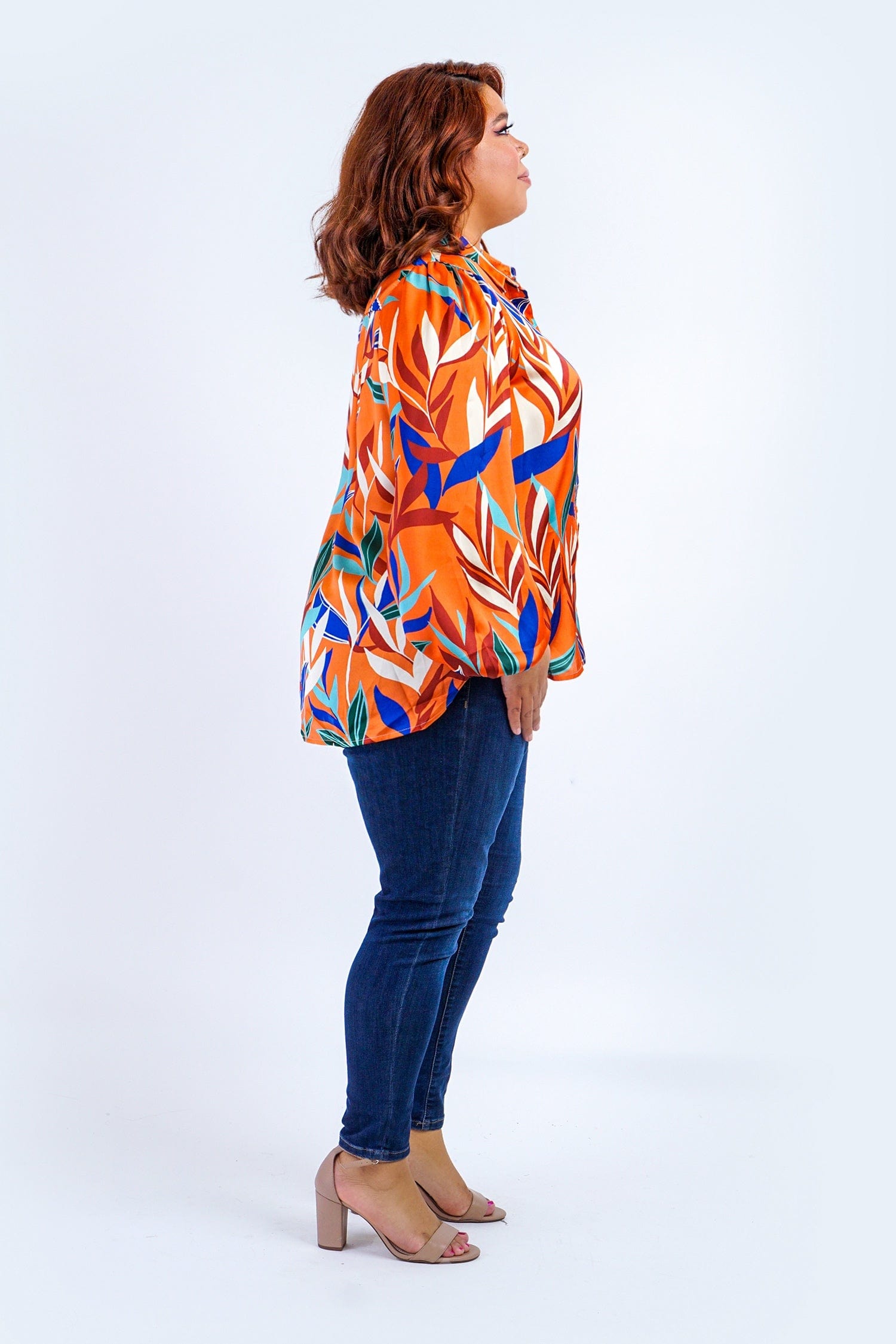 DCD TOPS Plus Rust Multicolor Leaf Print Satin L/S Top