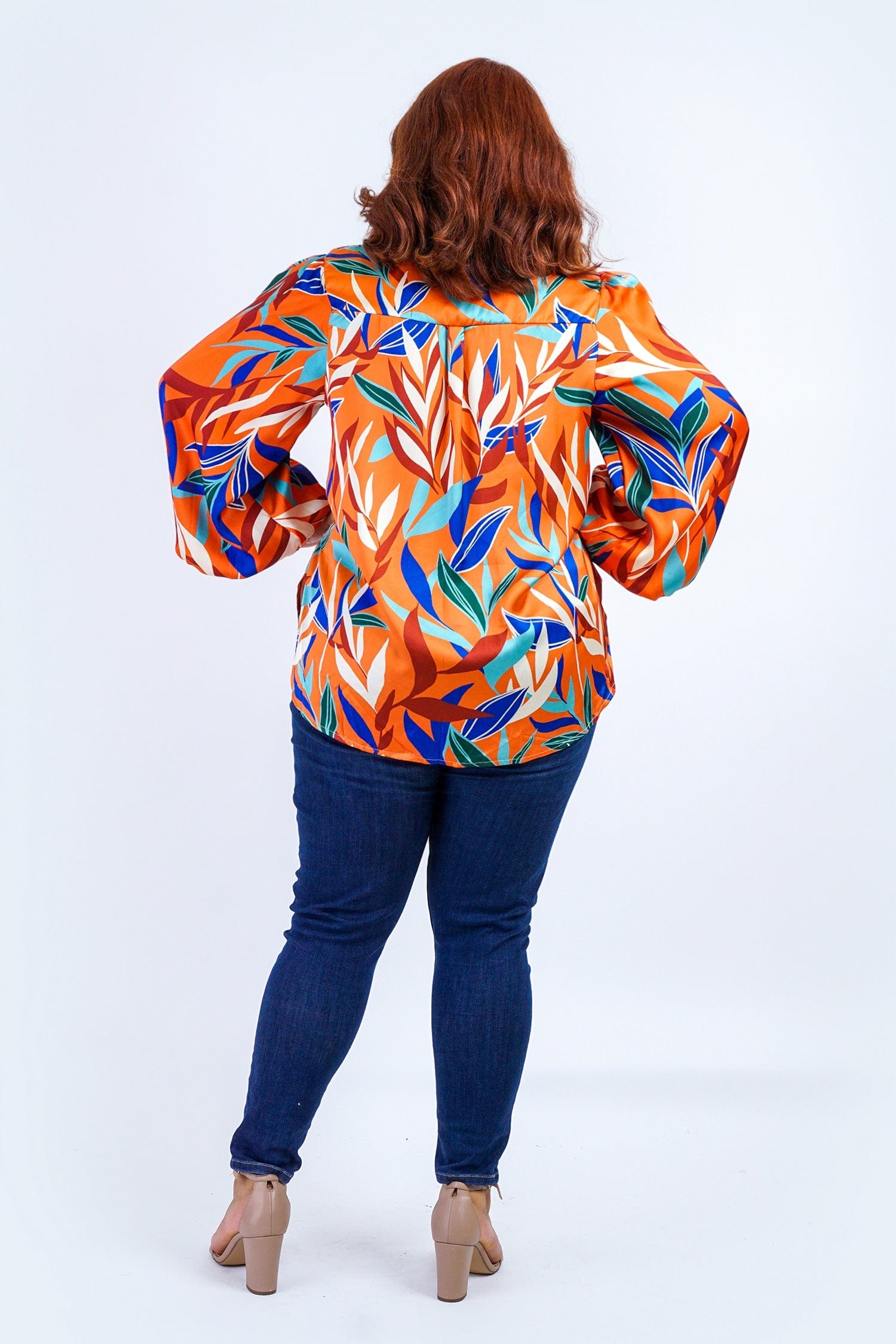 DCD TOPS Plus Rust Multicolor Leaf Print Satin L/S Top