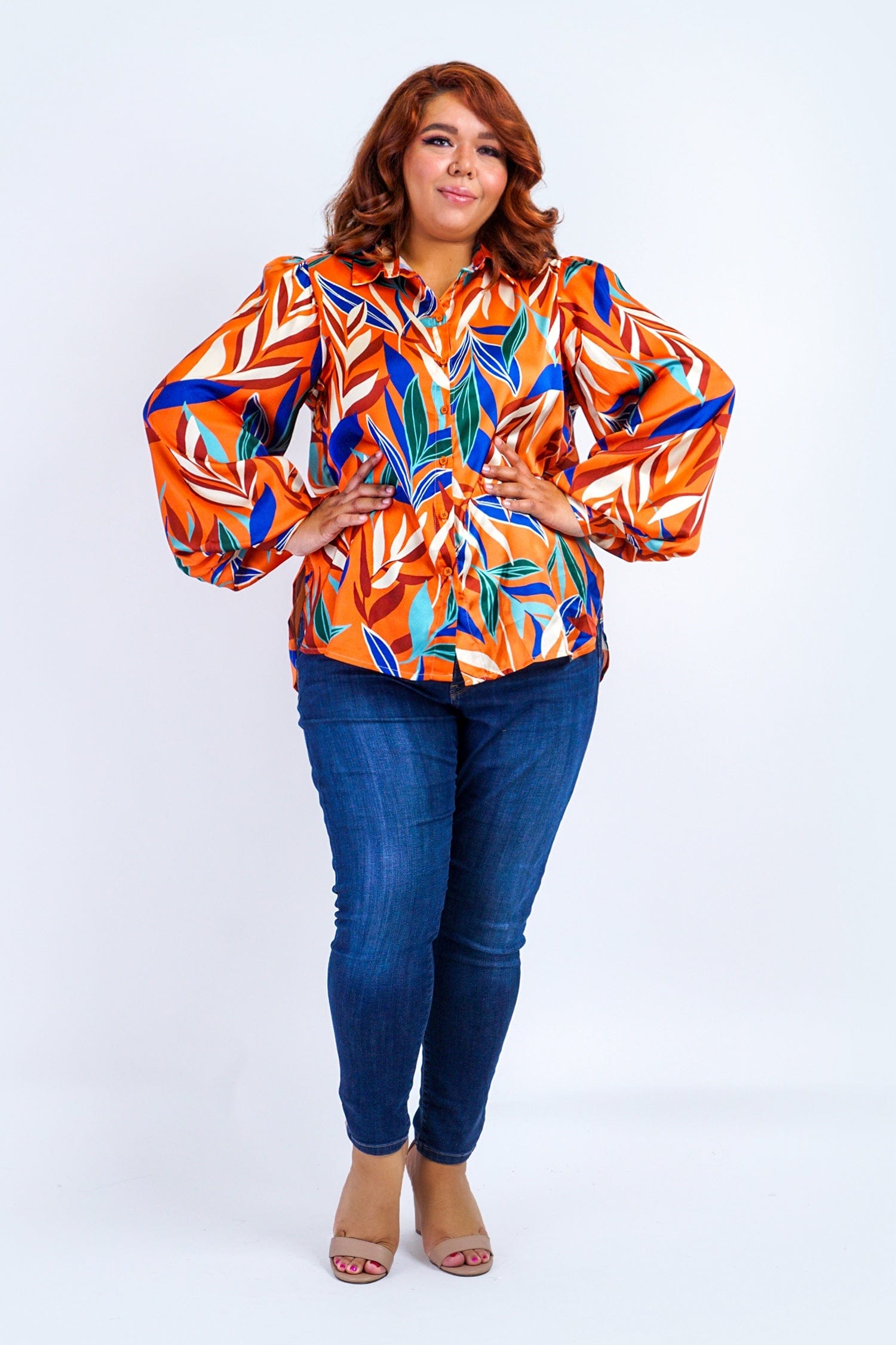 DCD TOPS Plus Rust Multicolor Leaf Print Satin L/S Top