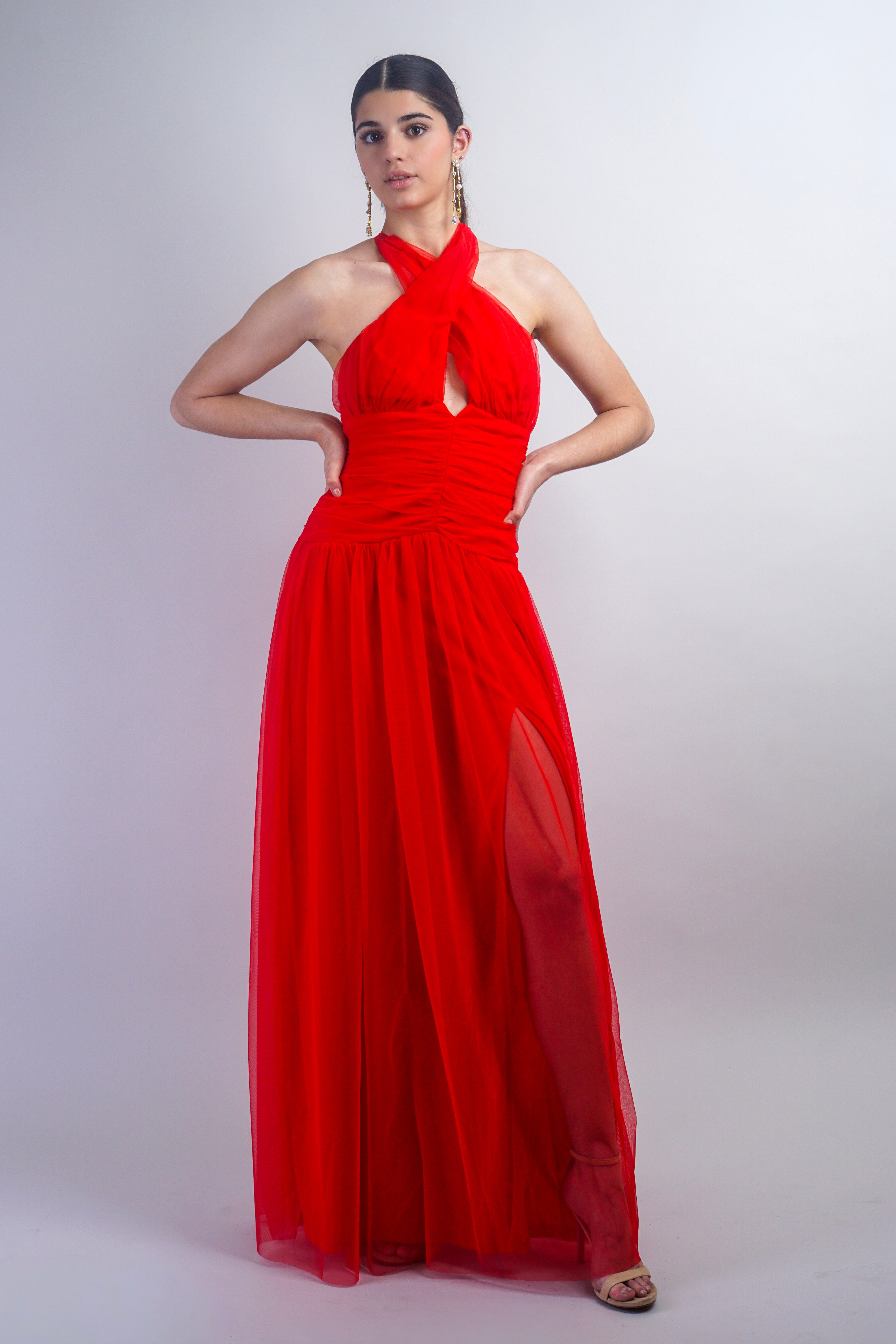 Private Label TOPS Red Cross Body Halter Gown