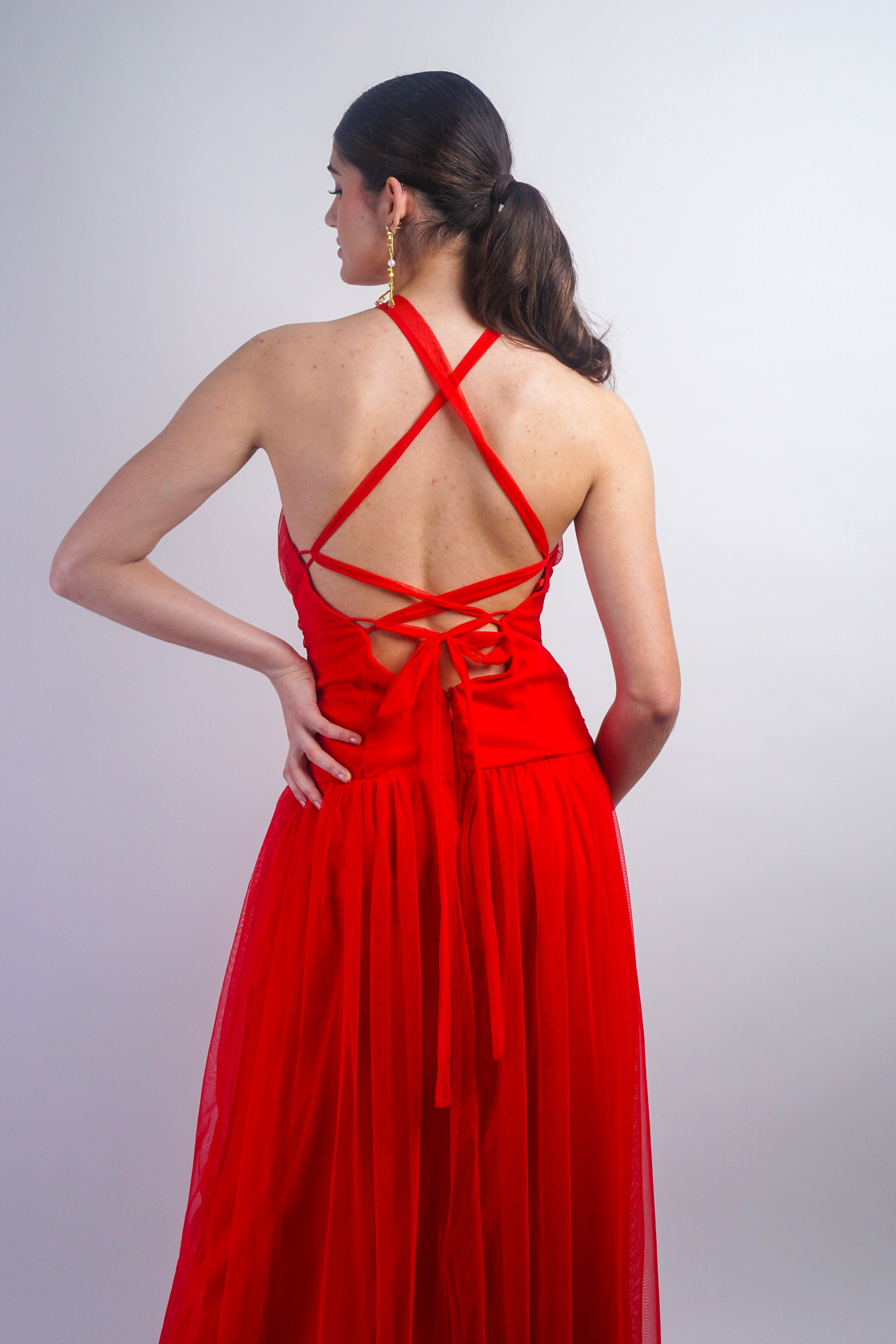 Private Label TOPS Red Cross Body Halter Gown