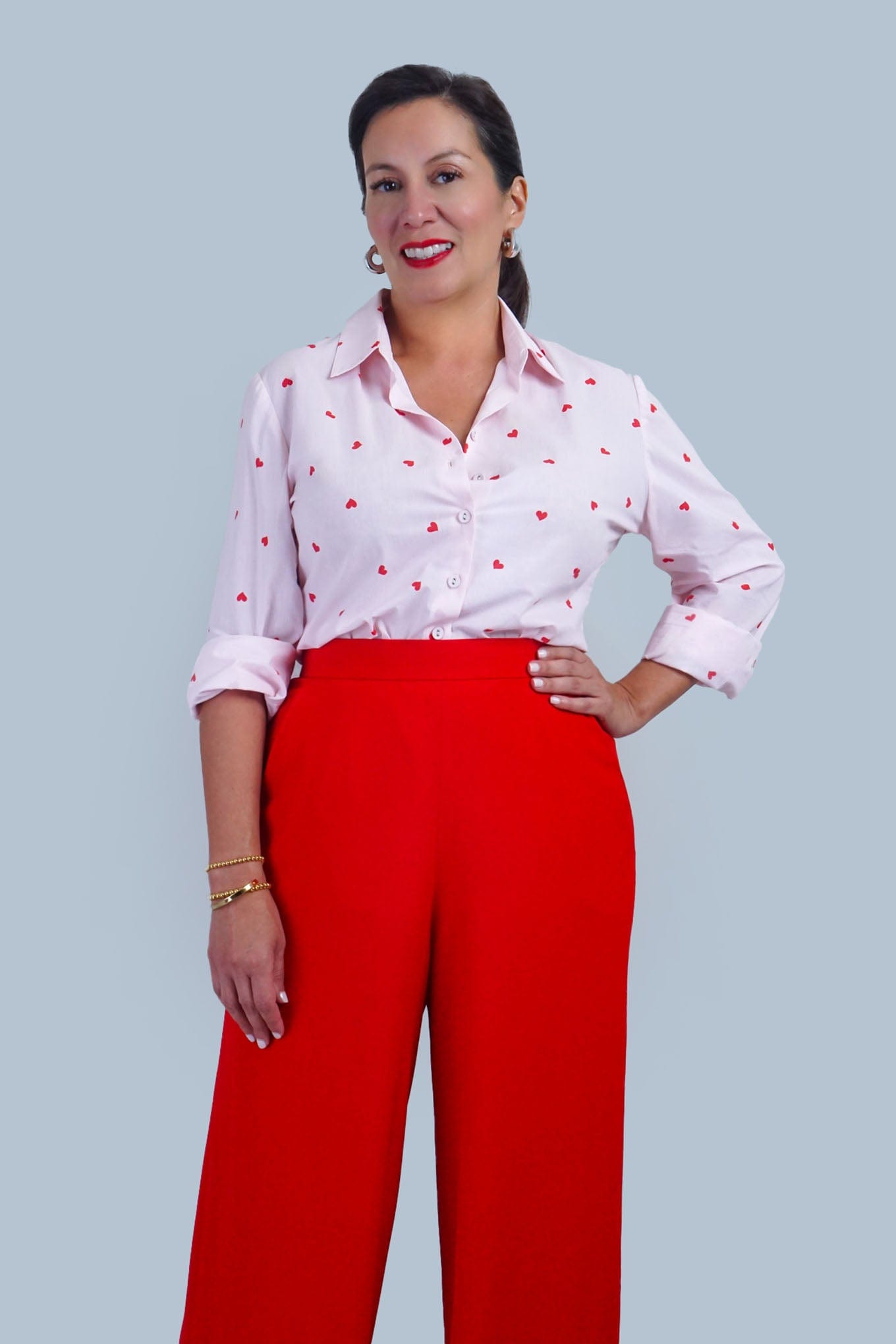 Chloe Dao TOPS Red Heart Stripe Cotton Dress Shirt