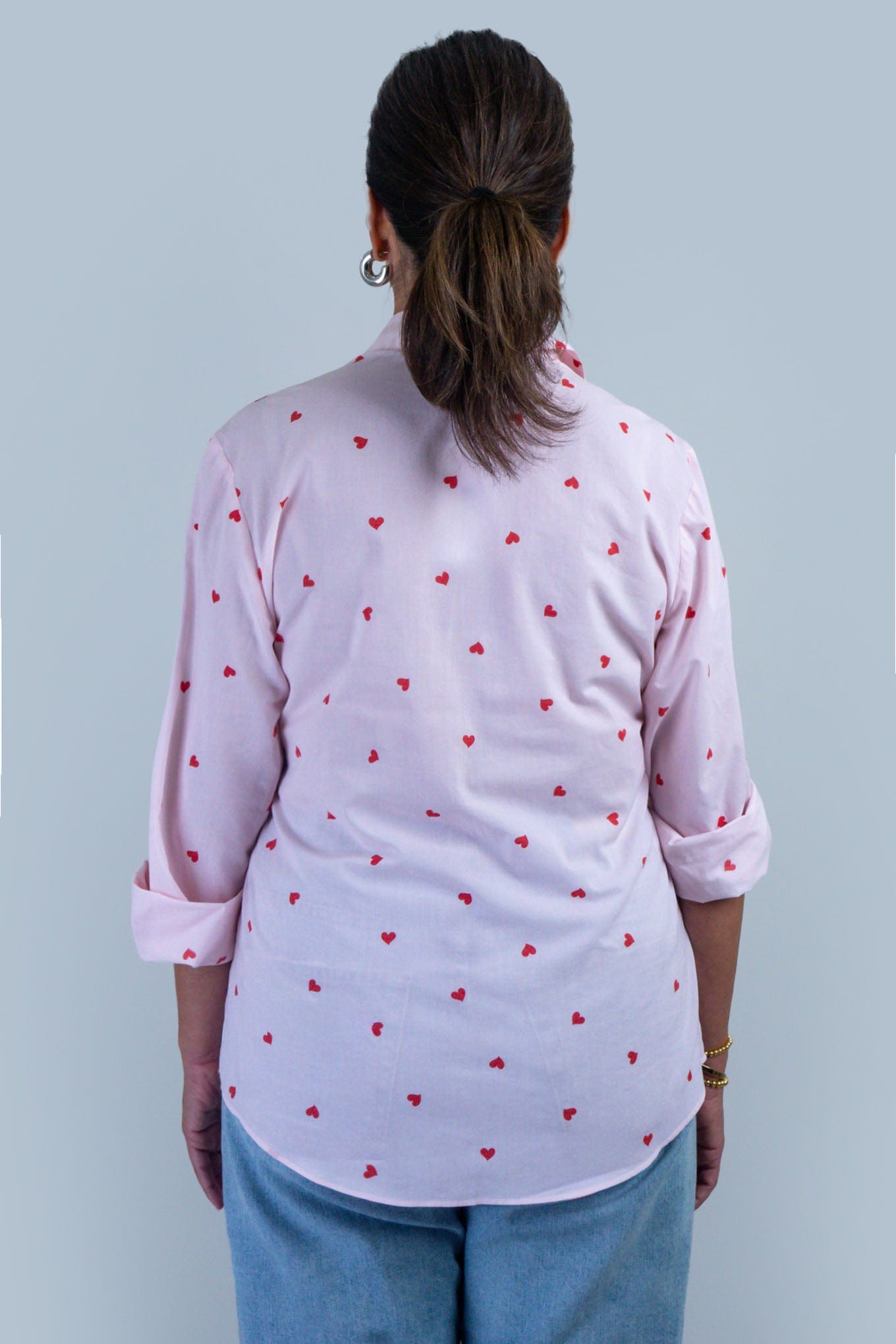 Chloe Dao TOPS Red Heart Stripe Cotton Dress Shirt