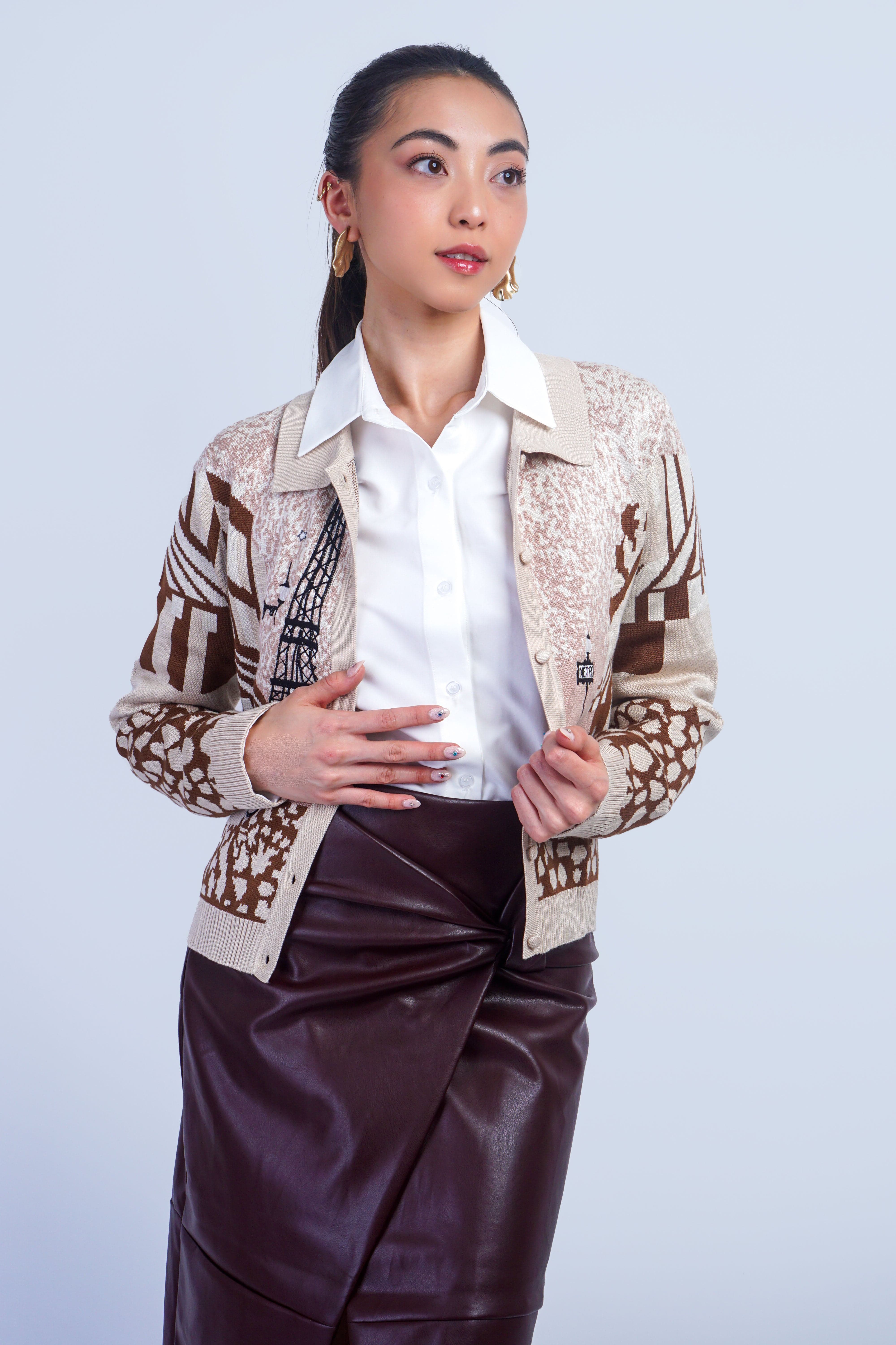 Private Label TOPS Tan Paris Jacquard & Embroidery Print Cardigan