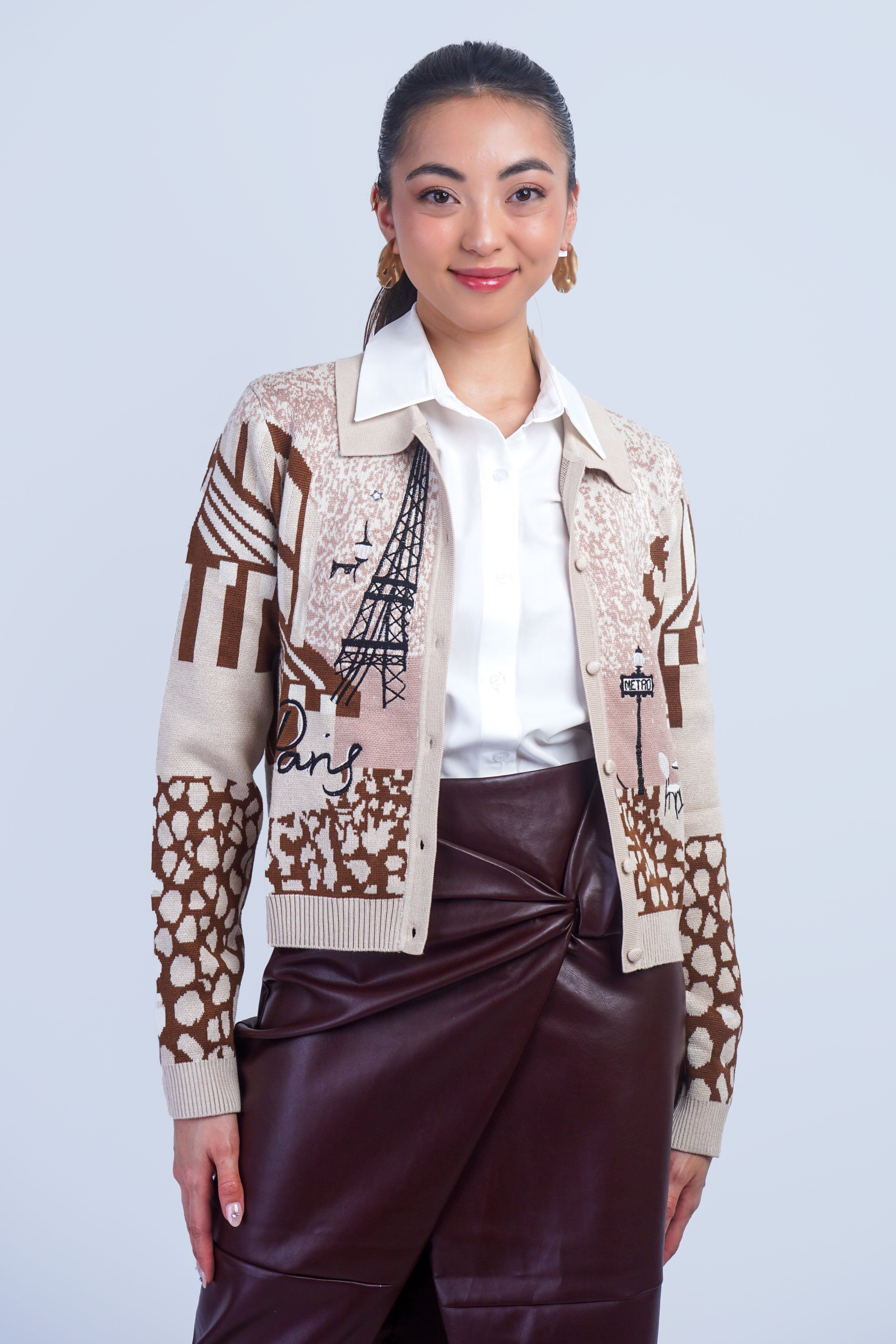 Private Label TOPS Tan Paris Jacquard & Embroidery Print Cardigan