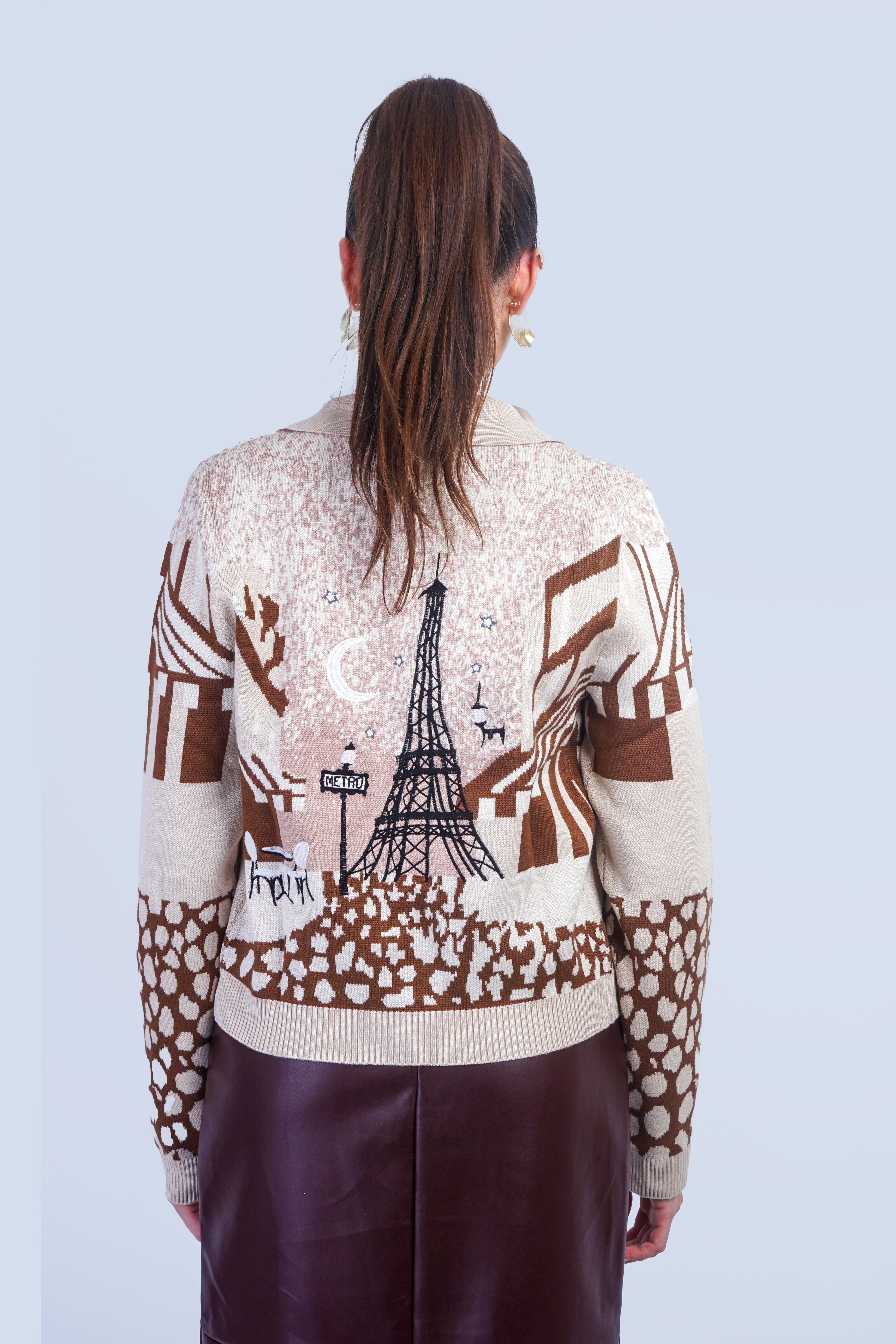 Private Label TOPS Tan Paris Jacquard & Embroidery Print Cardigan