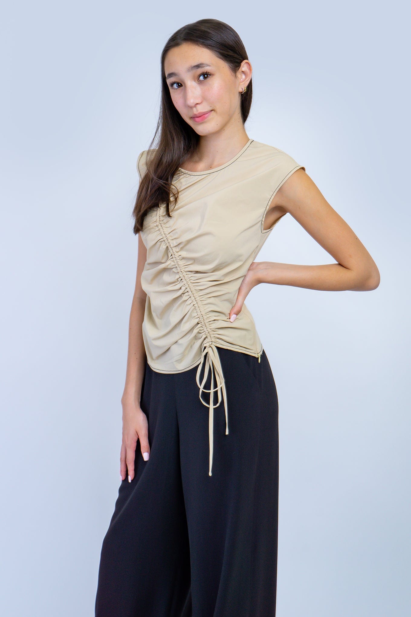 DCD TOPS Taupe Ruching Flutter Sleeve Top