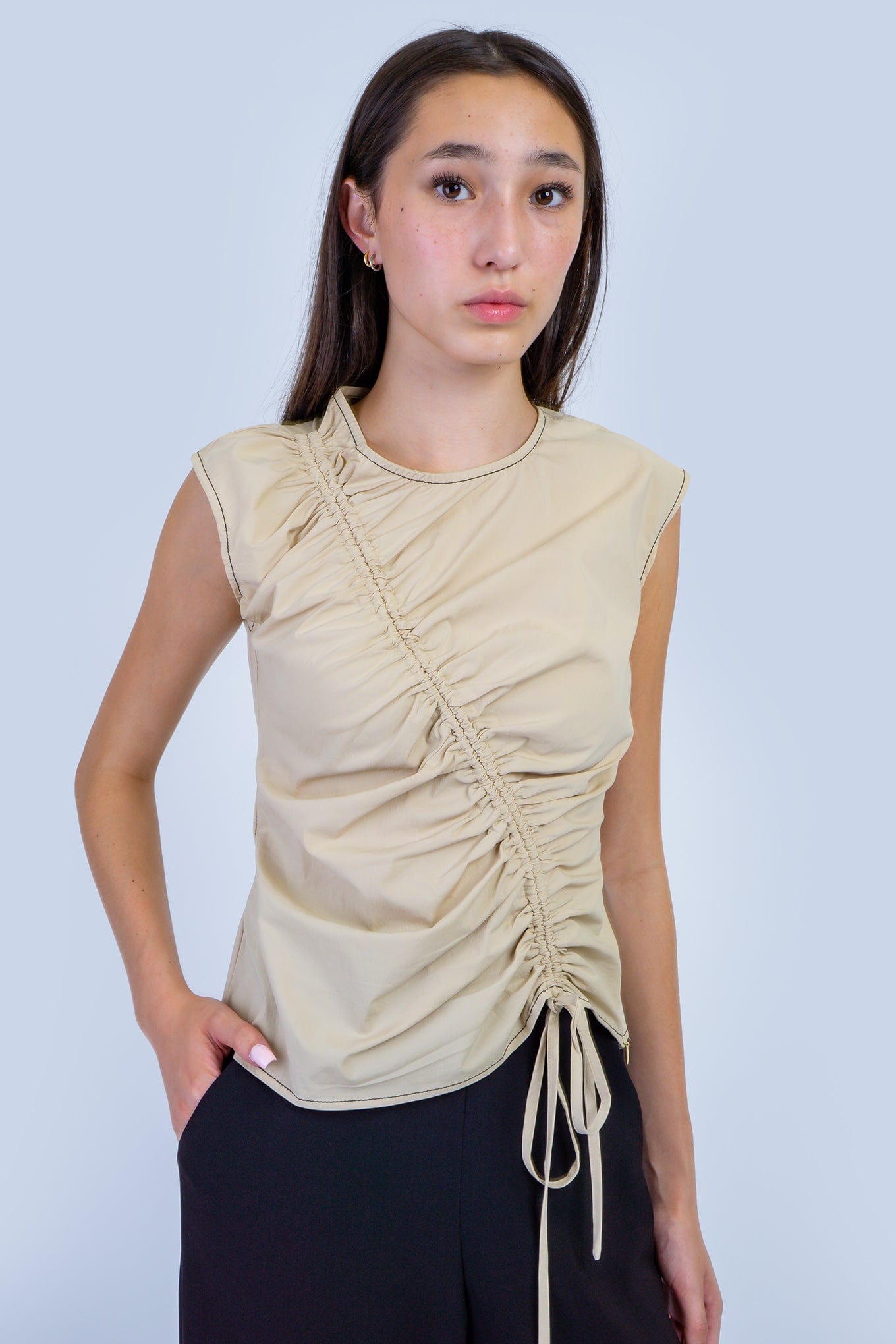 DCD TOPS Taupe Ruching Flutter Sleeve Top
