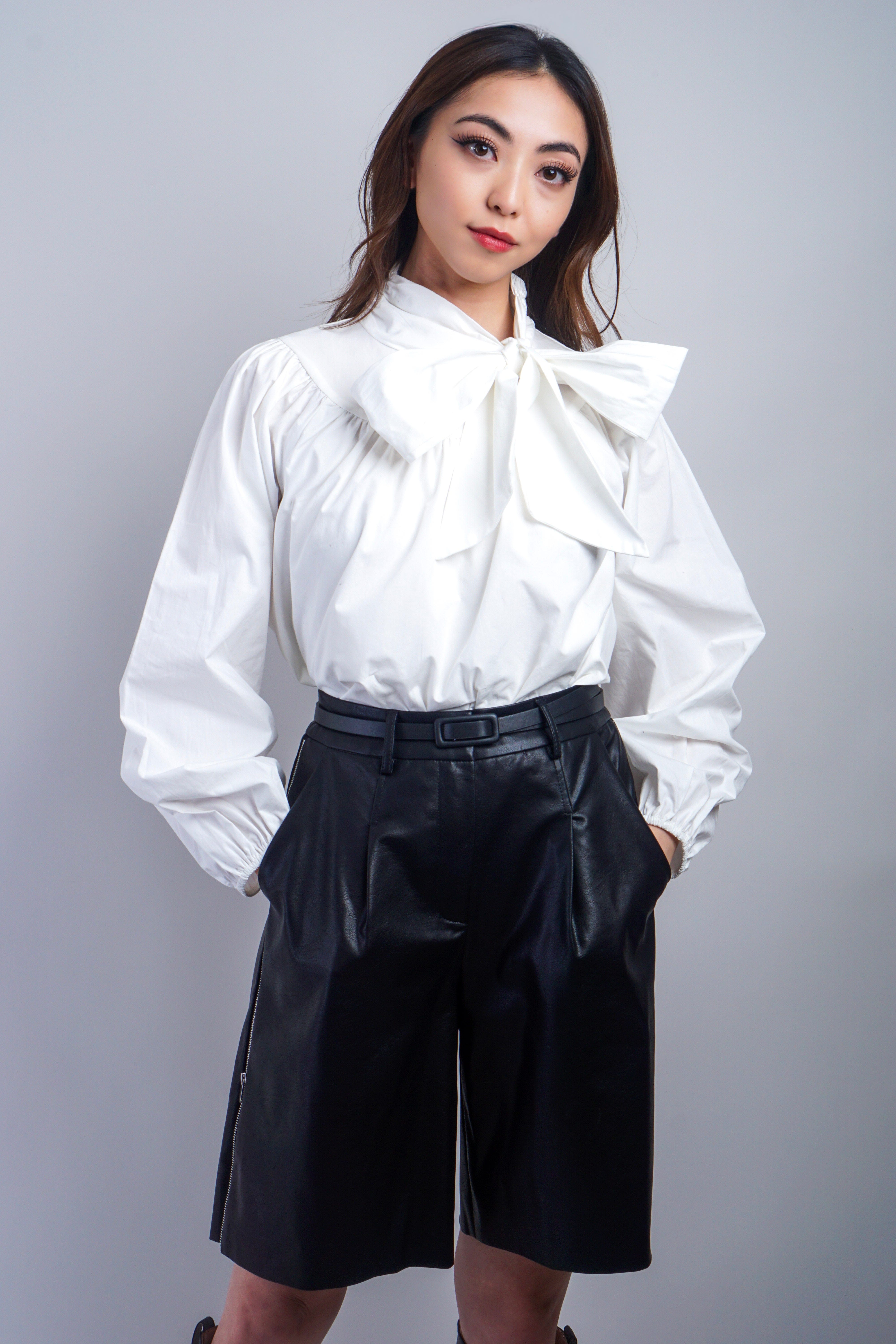 Private Label TOPS White Cotton Neck Bow Blouse