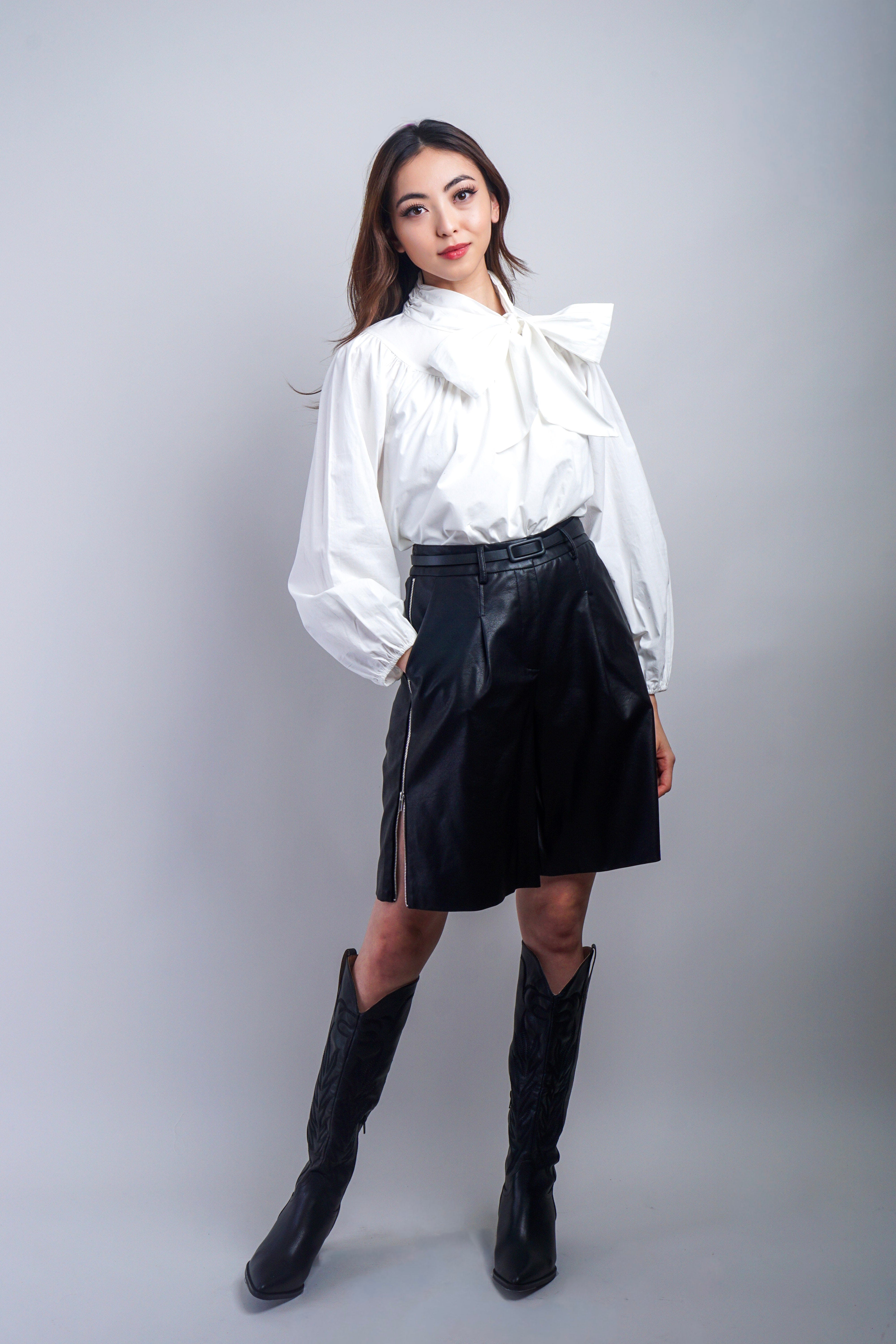 Private Label TOPS White Cotton Neck Bow Blouse
