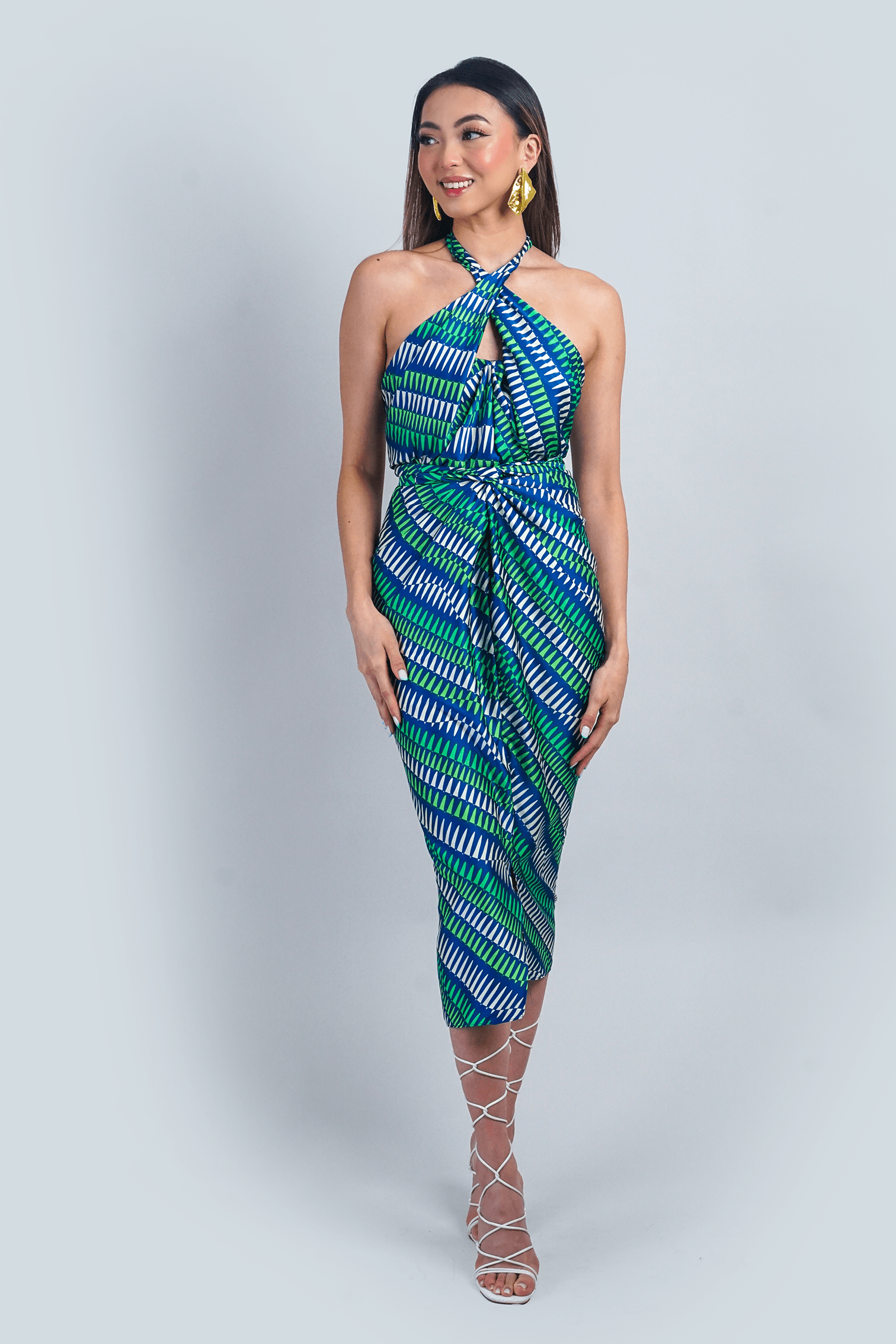 Chloe Dao TOPS White Green Geo Print Indo Wrap Halter Top