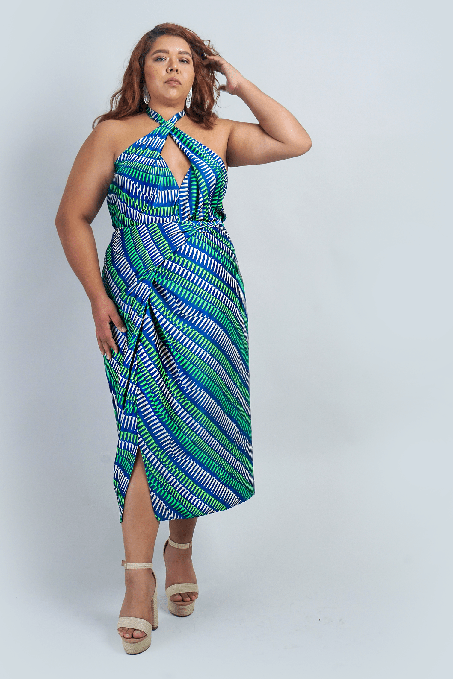Chloe Dao TOPS White Green Geo Print Indo Wrap Halter Top