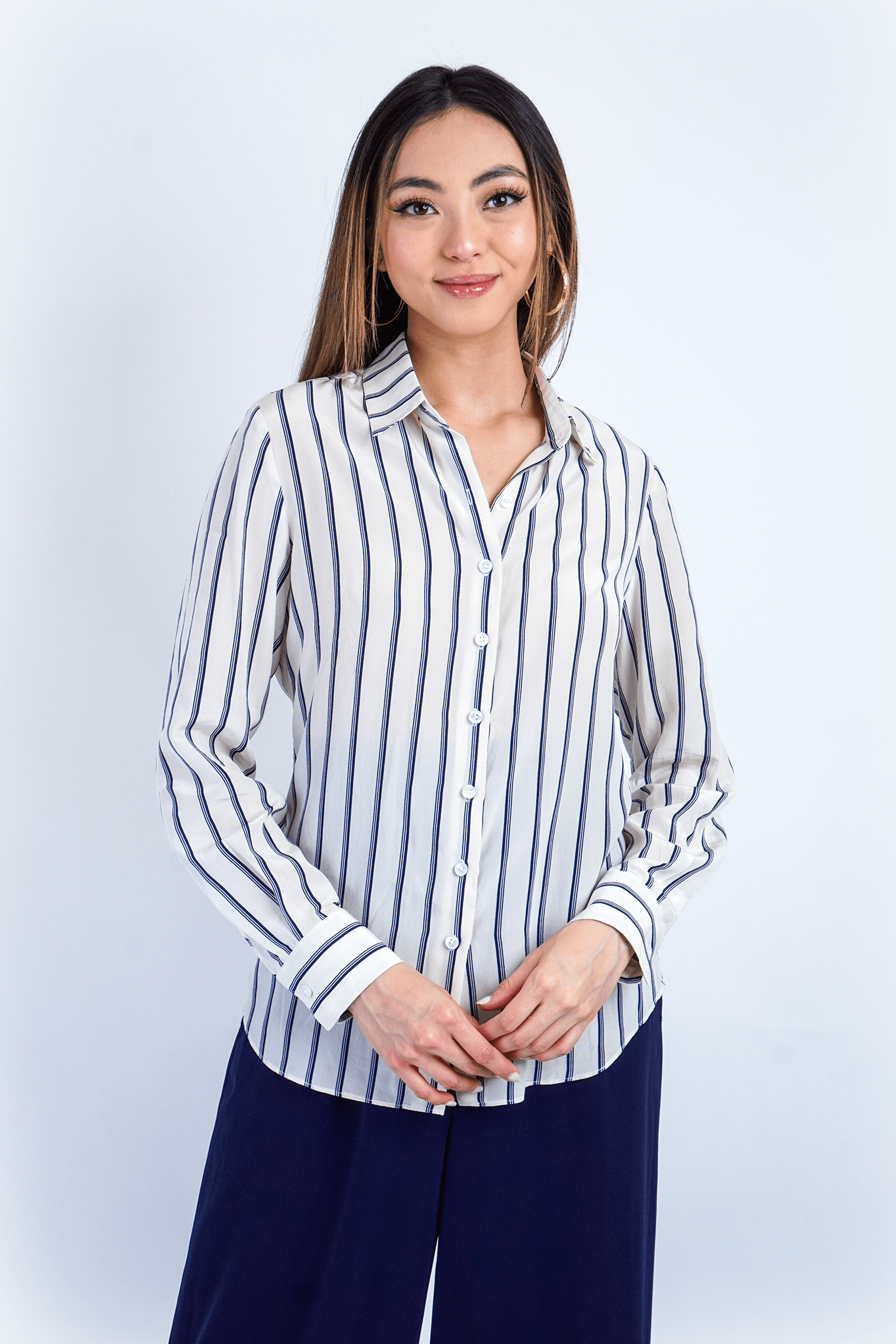 Chloe Dao TOPS White Silk Stripe Button Up Dress Shirt