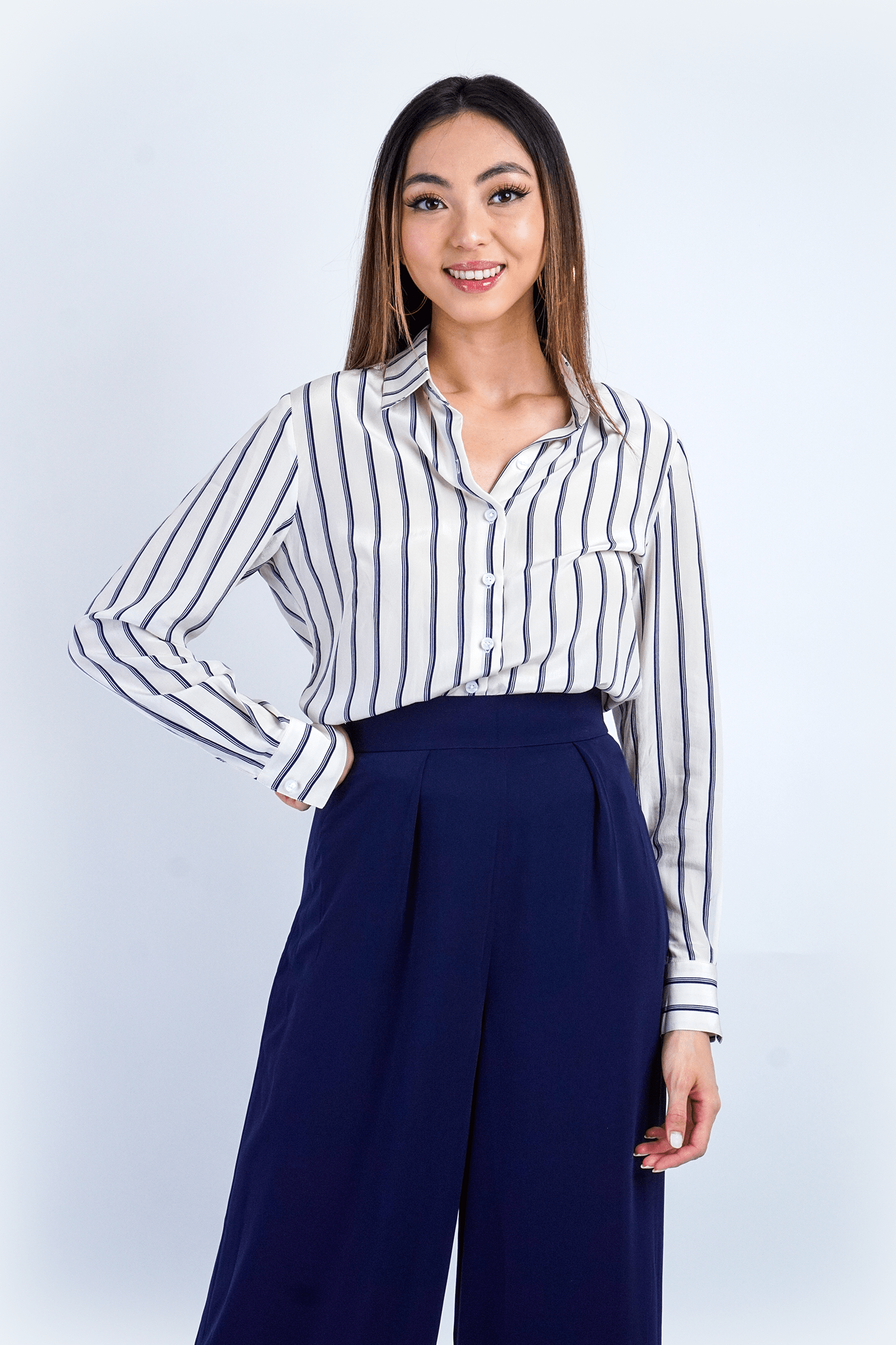 Chloe Dao TOPS White Silk Stripe Button Up Dress Shirt