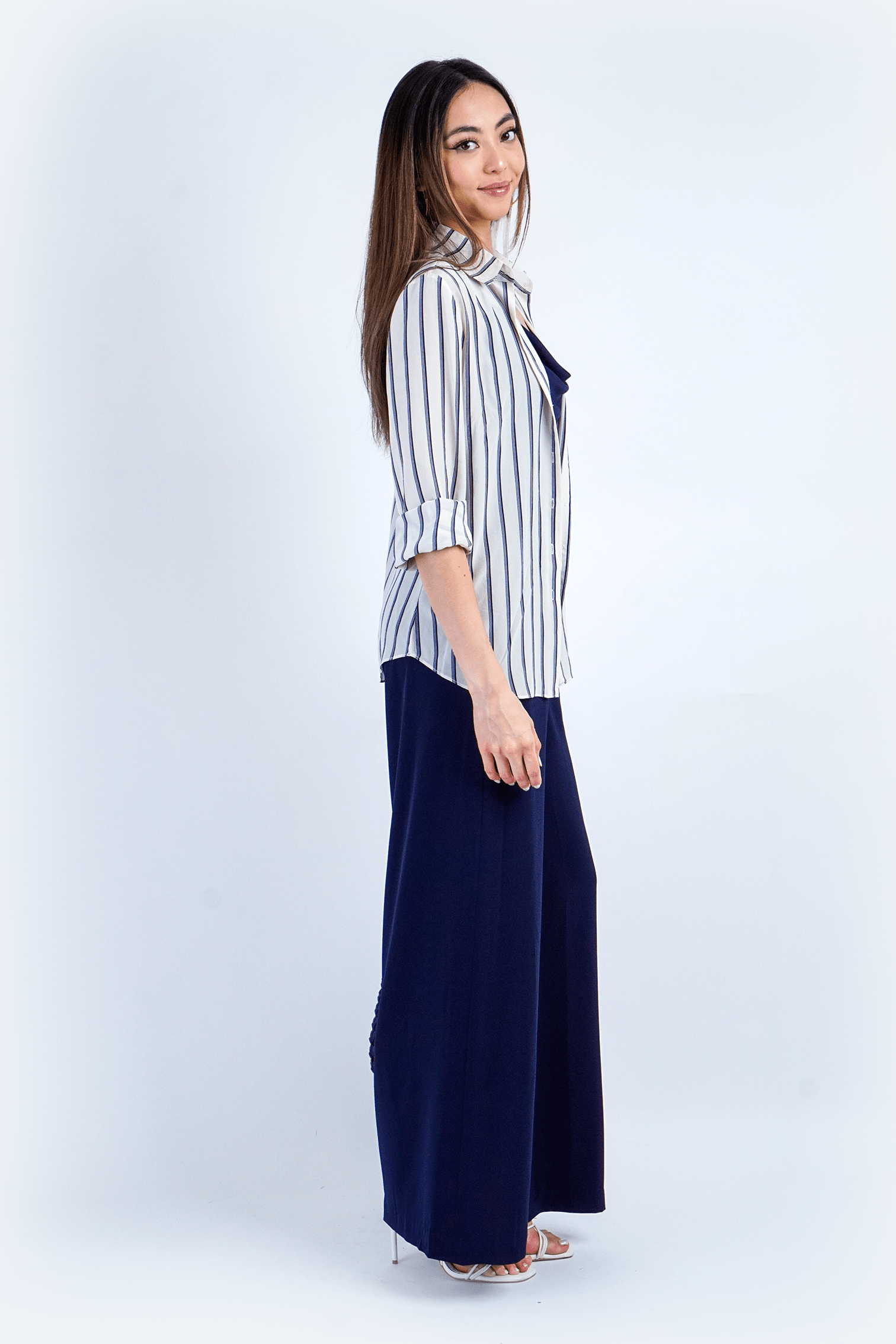 Chloe Dao TOPS White Silk Stripe Button Up Dress Shirt