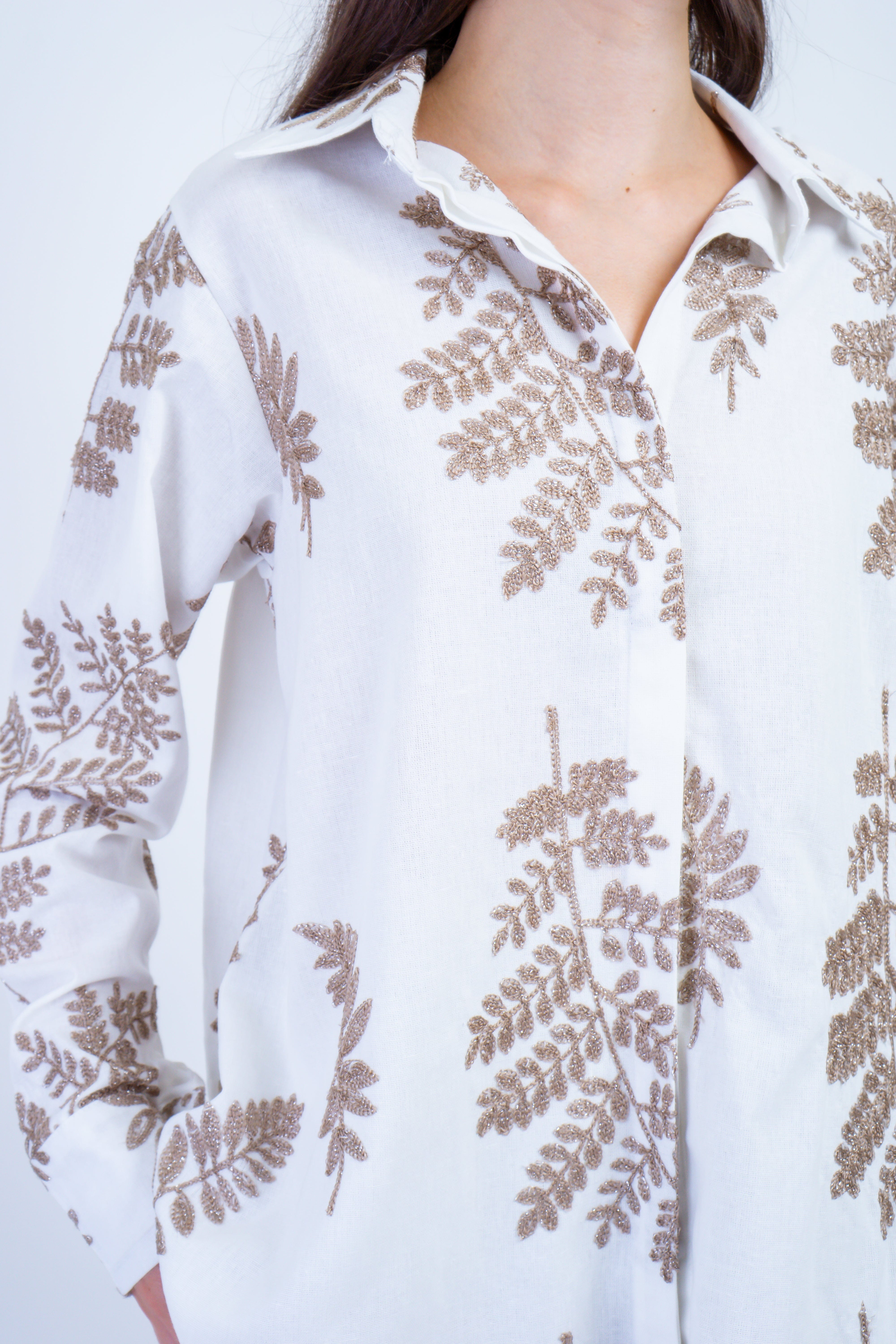 DCD TOPS White with Bronze Embroidered Leaves Linen Top
