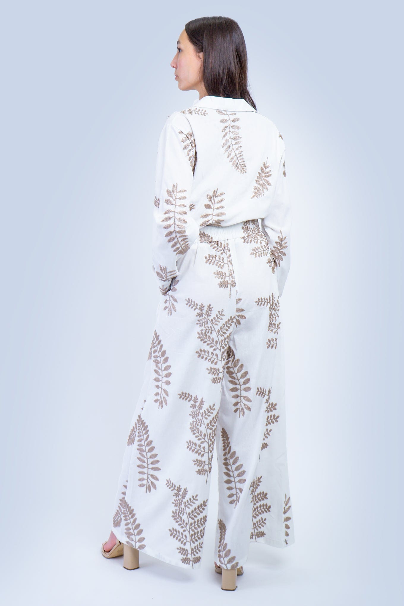 DCD TOPS White with Bronze Embroidered Leaves Linen Top