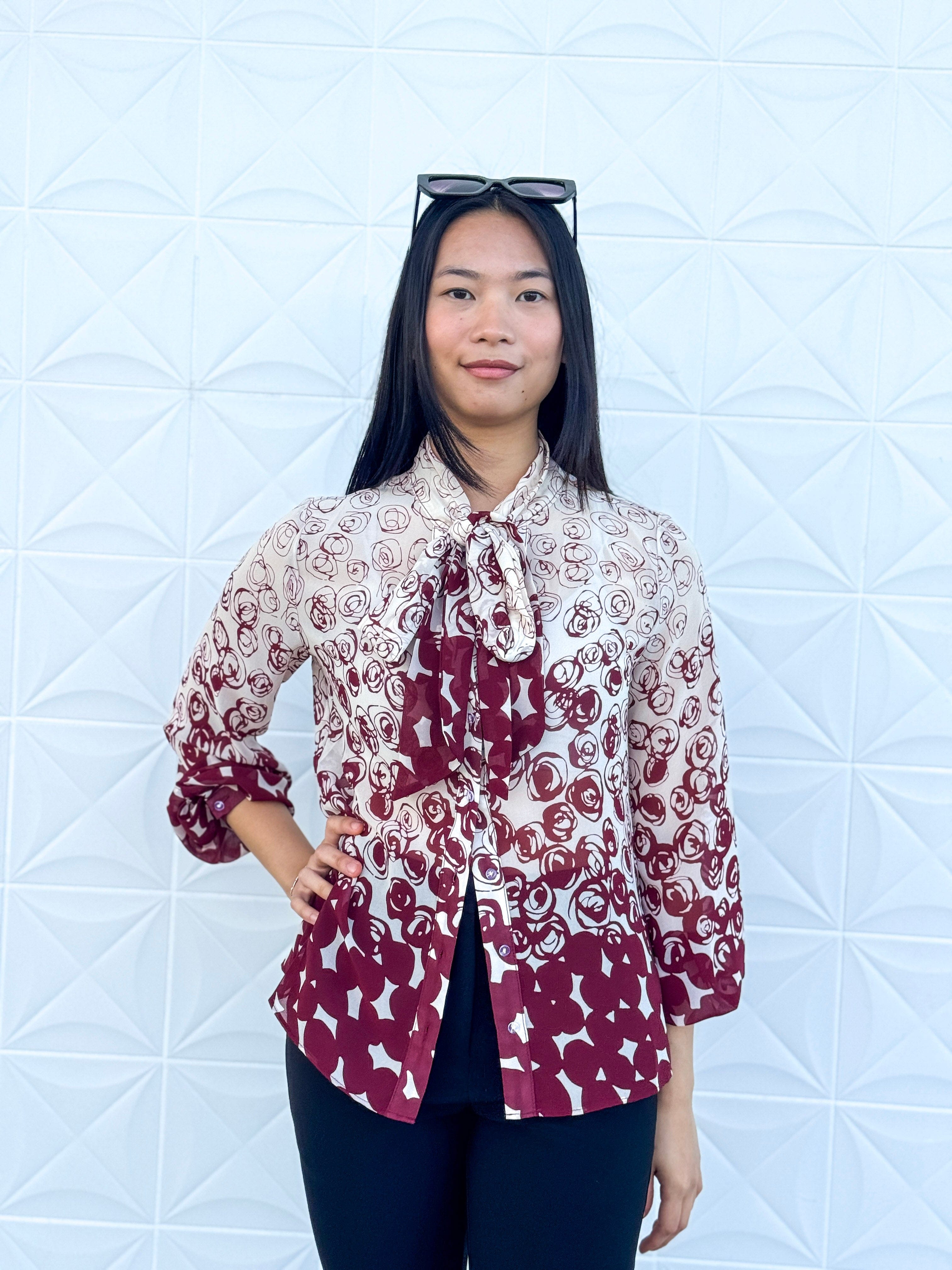 Private Label TOPS Wine Rose Ombre Down Tie Front Top