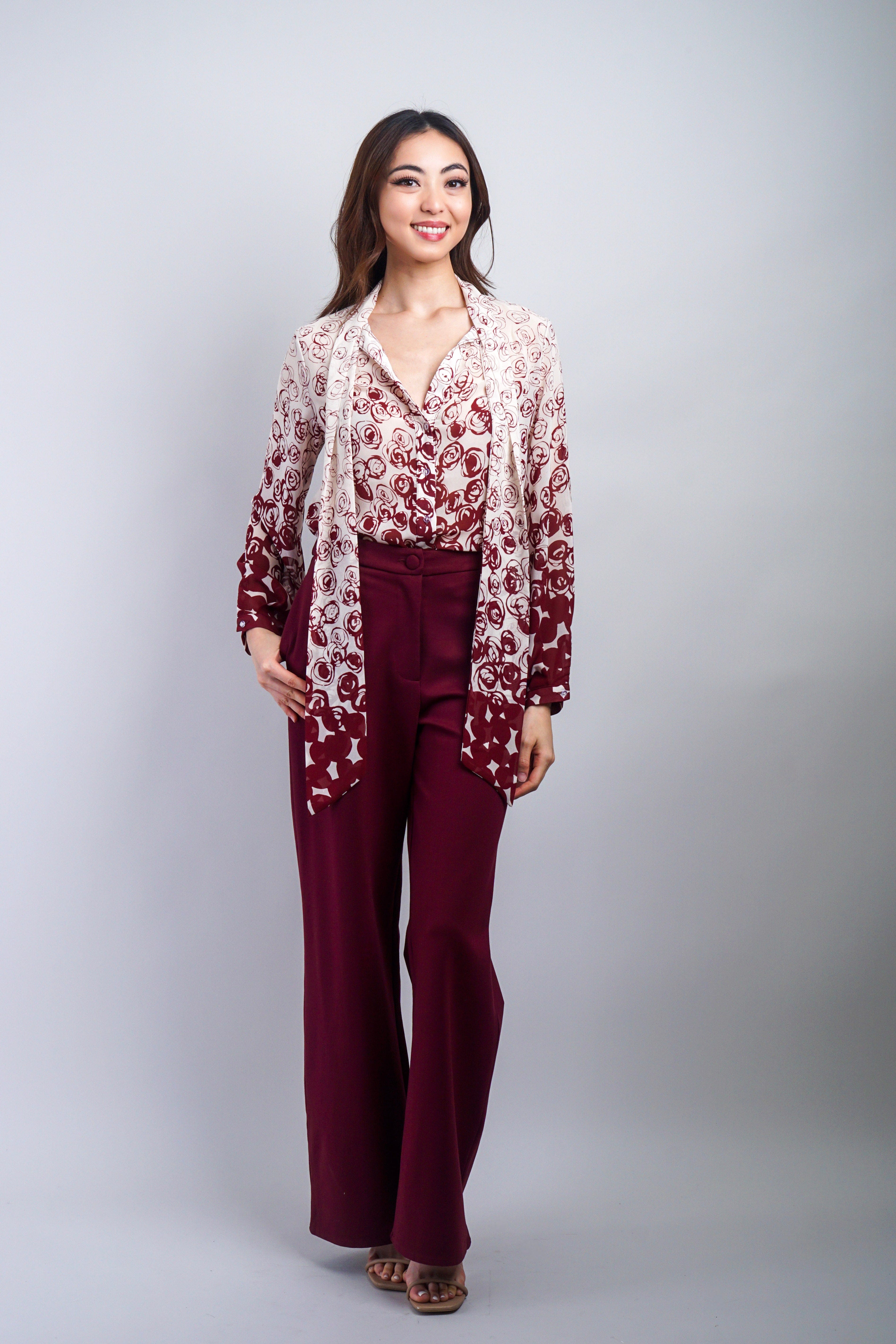 Private Label TOPS Wine Rose Ombre Down Tie Front Top