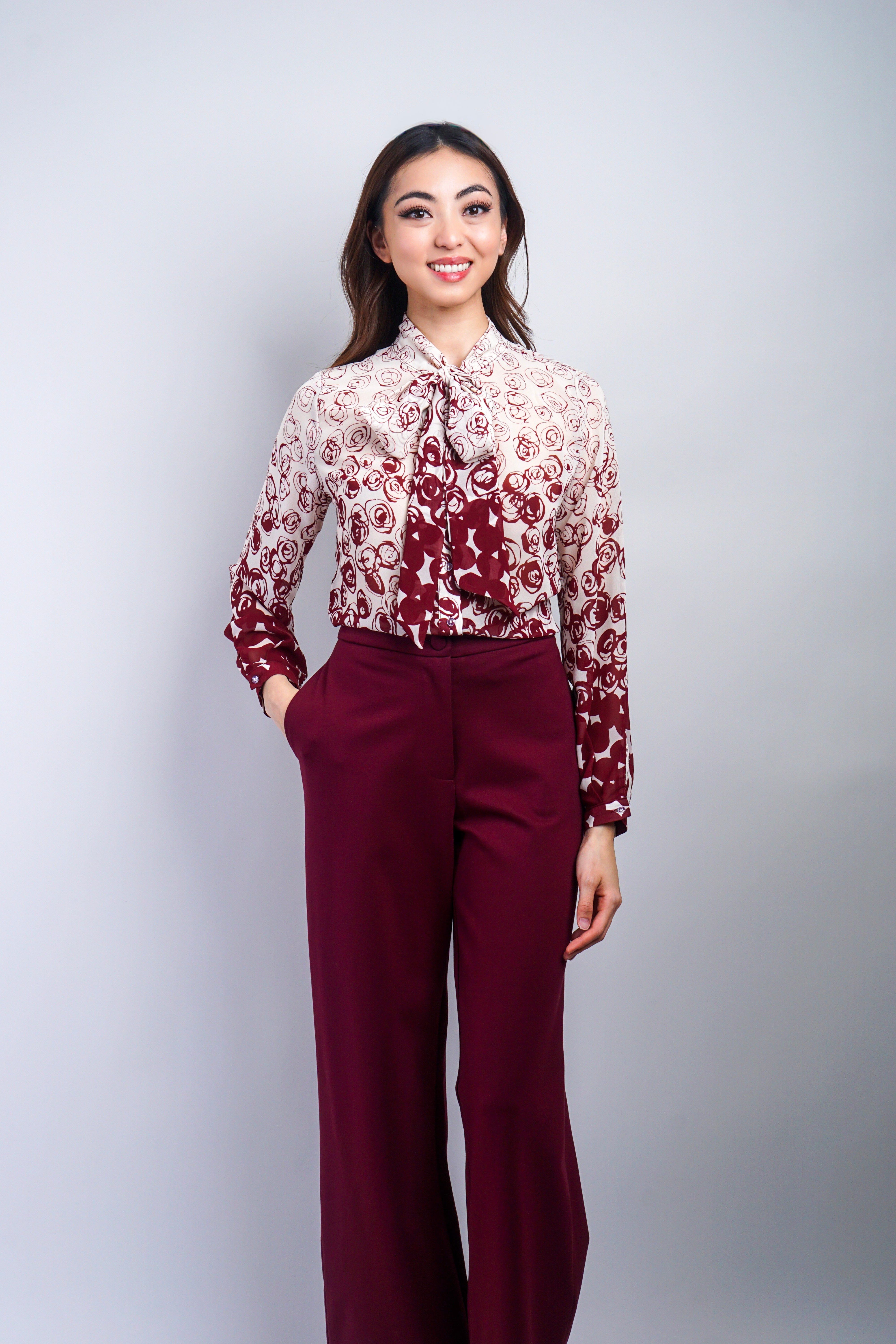 Private Label TOPS Wine Rose Ombre Down Tie Front Top