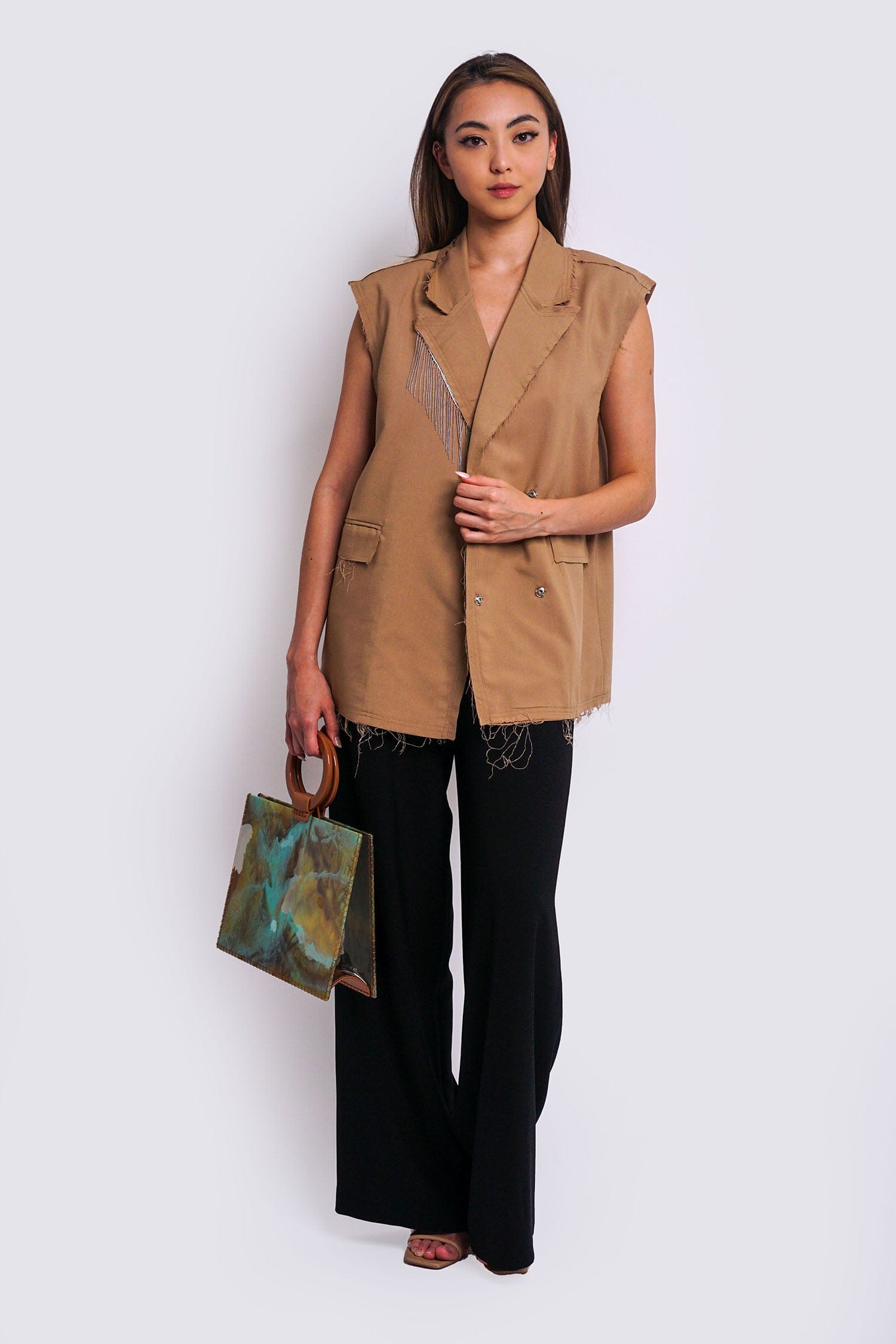 DCD Vests Taupe Tailor Metal Fringes Vest