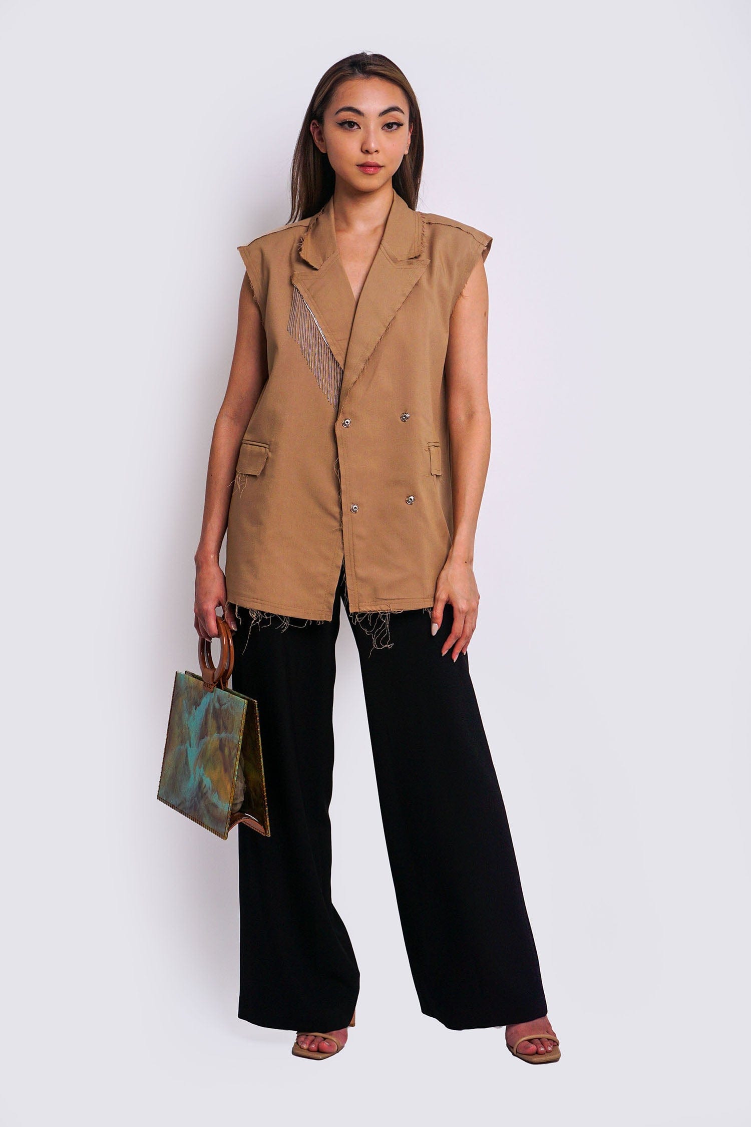 DCD Vests Taupe Tailor Metal Fringes Vest