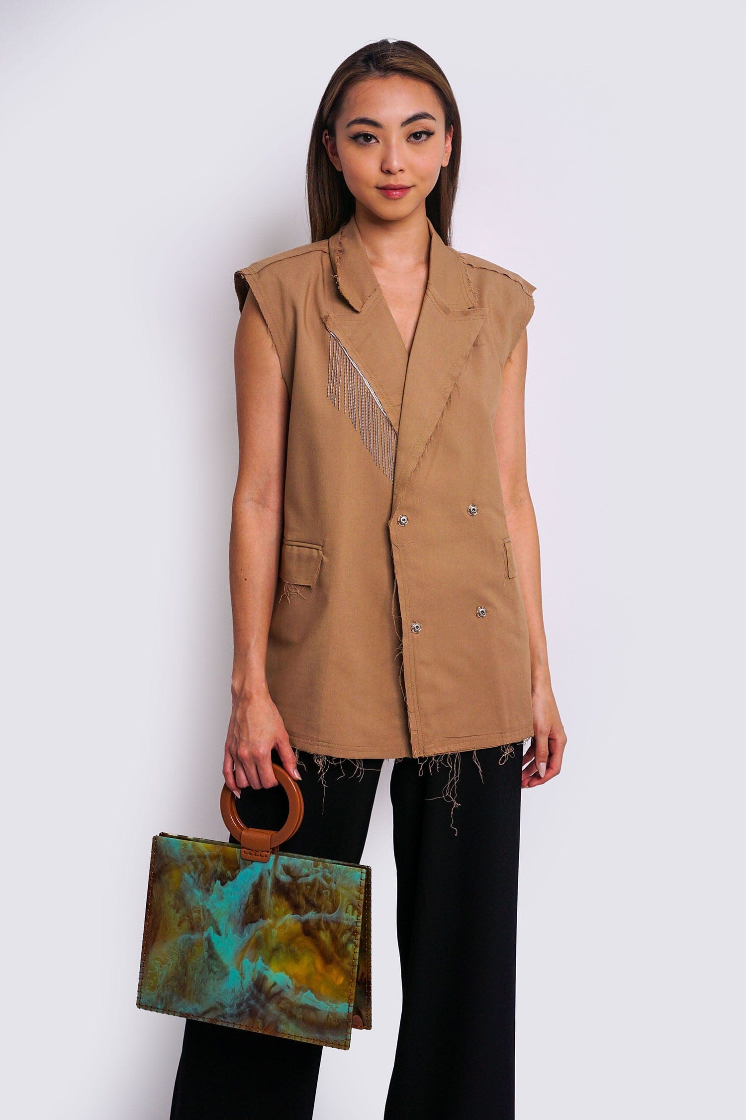 DCD Vests Taupe Tailor Metal Fringes Vest