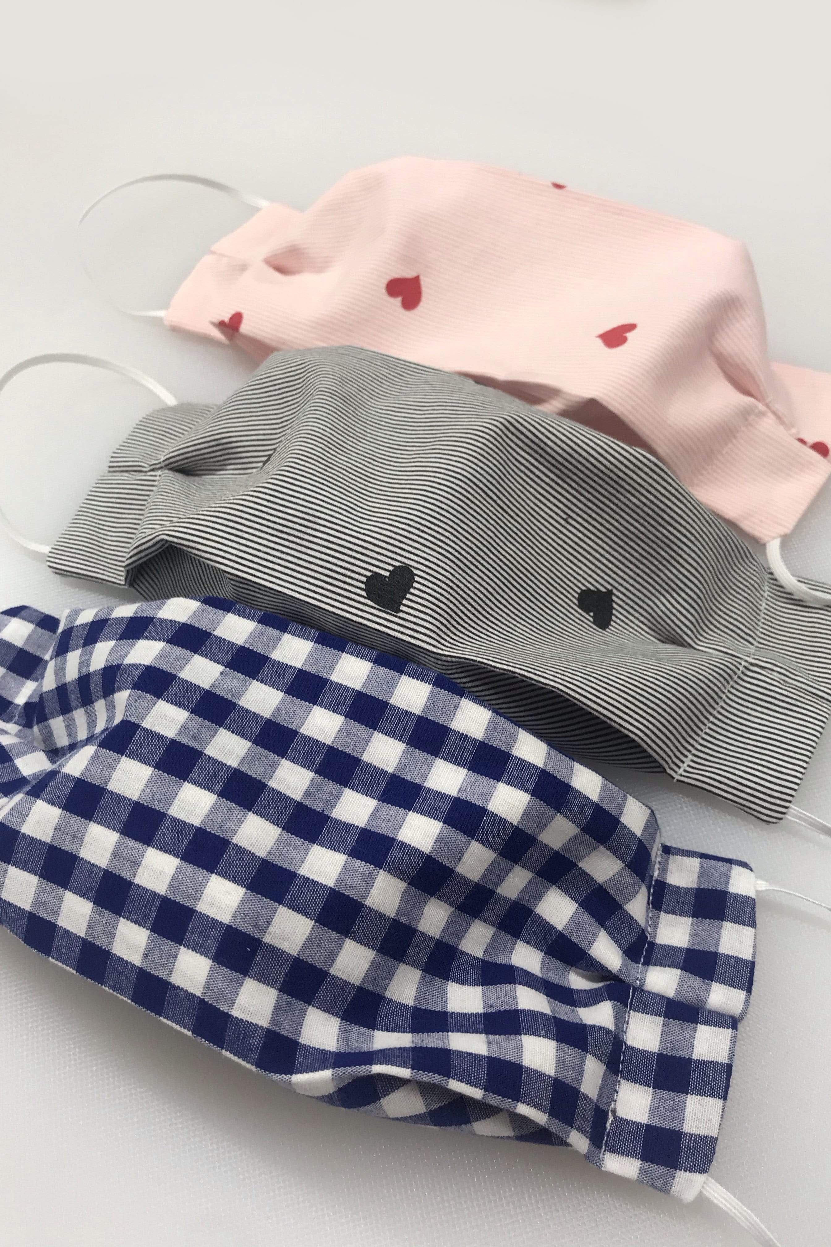Box Pleated Face Masks Pink Heart Mini Stripes (Box Pleated Mask with Filter Pocket) - Chloe Dao
