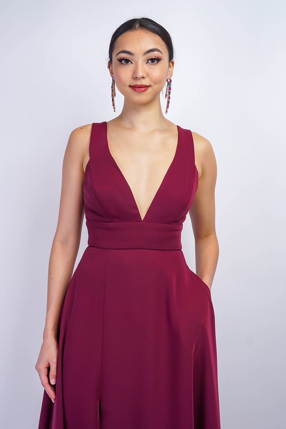 GOWNS Maroon V Neck Front Slit Soraya Gown - Chloe Dao