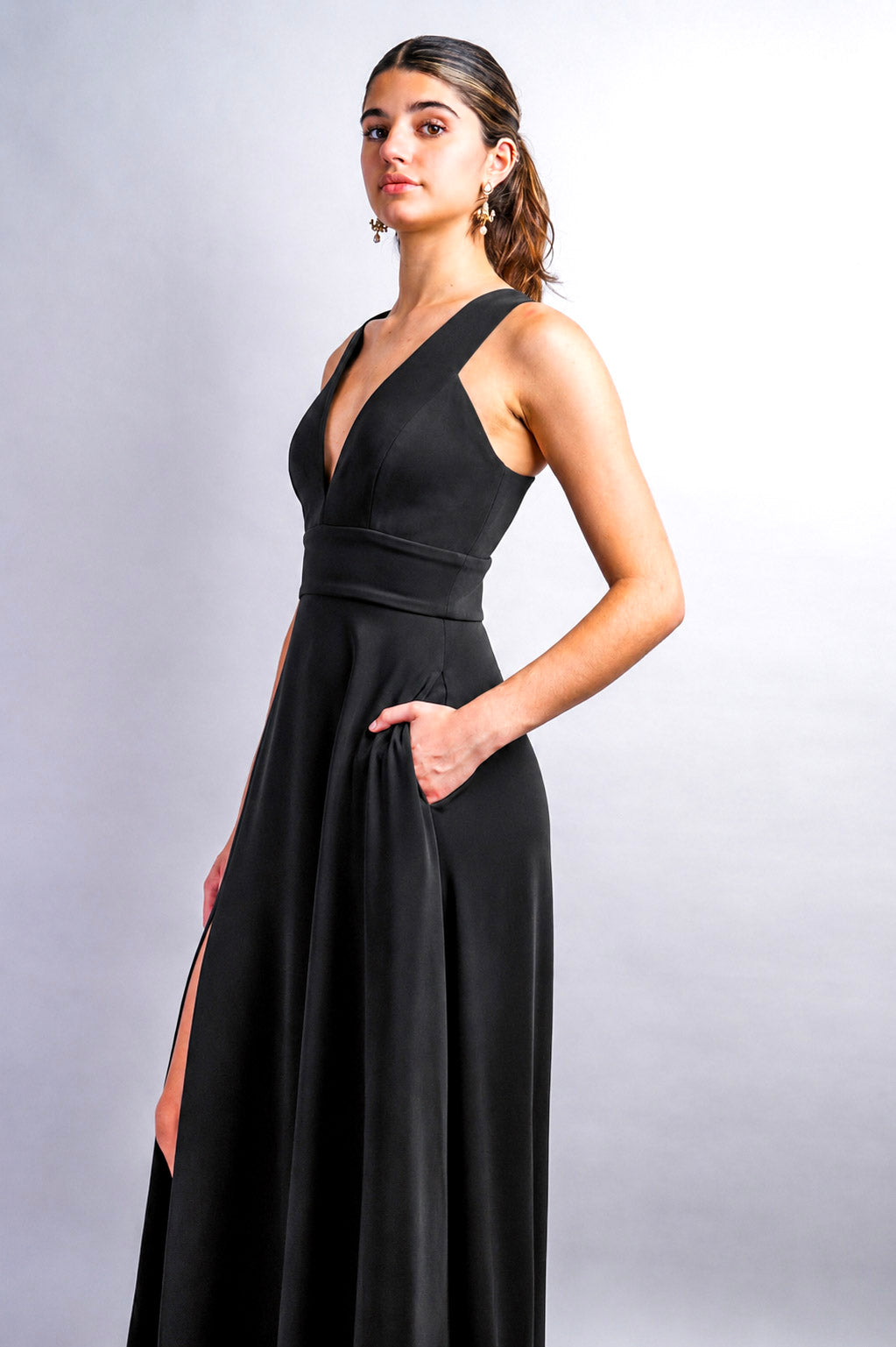 Black V Neck Front Slit Soraya Gown