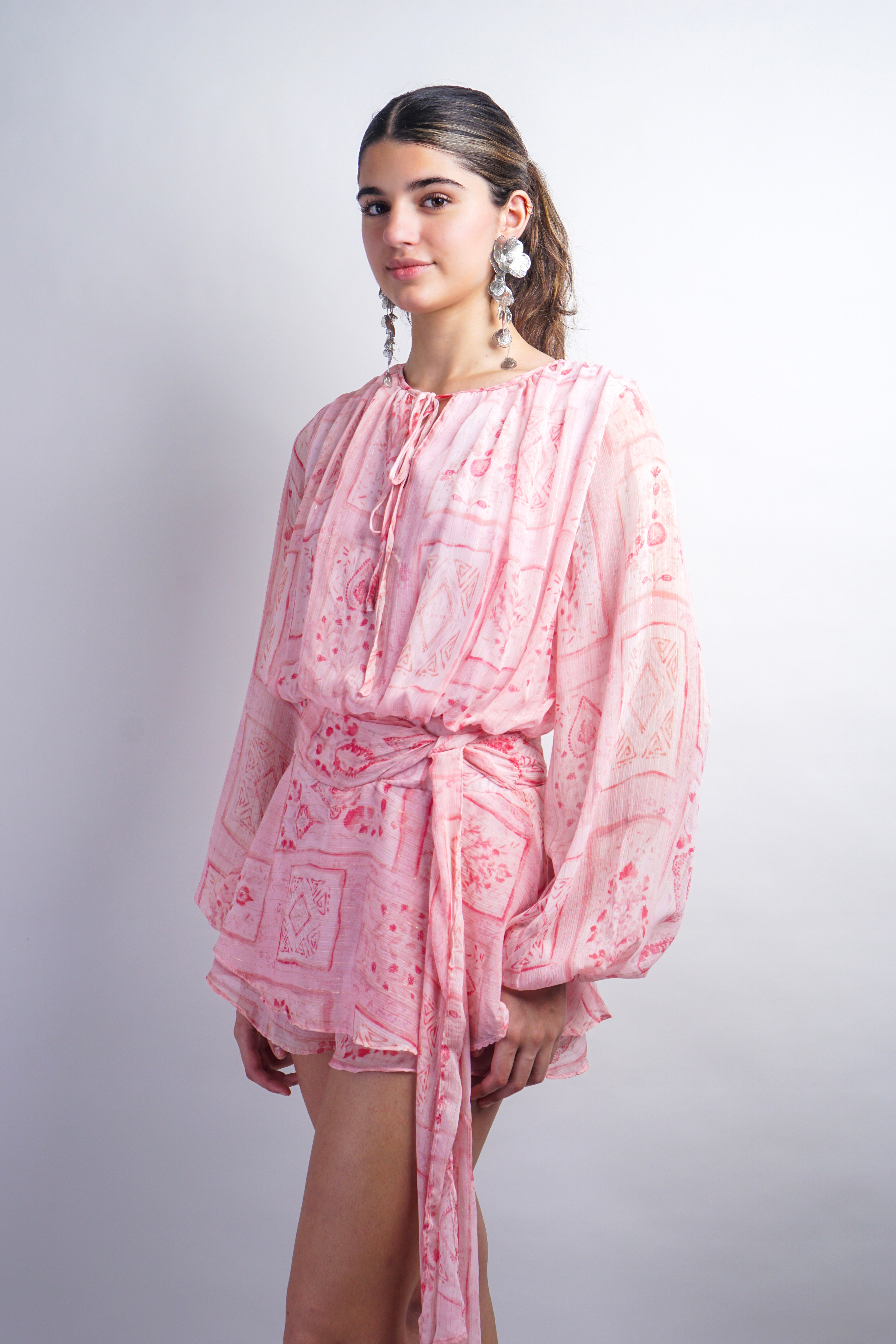 Pink Printed Long Sleeve Tied Romper
