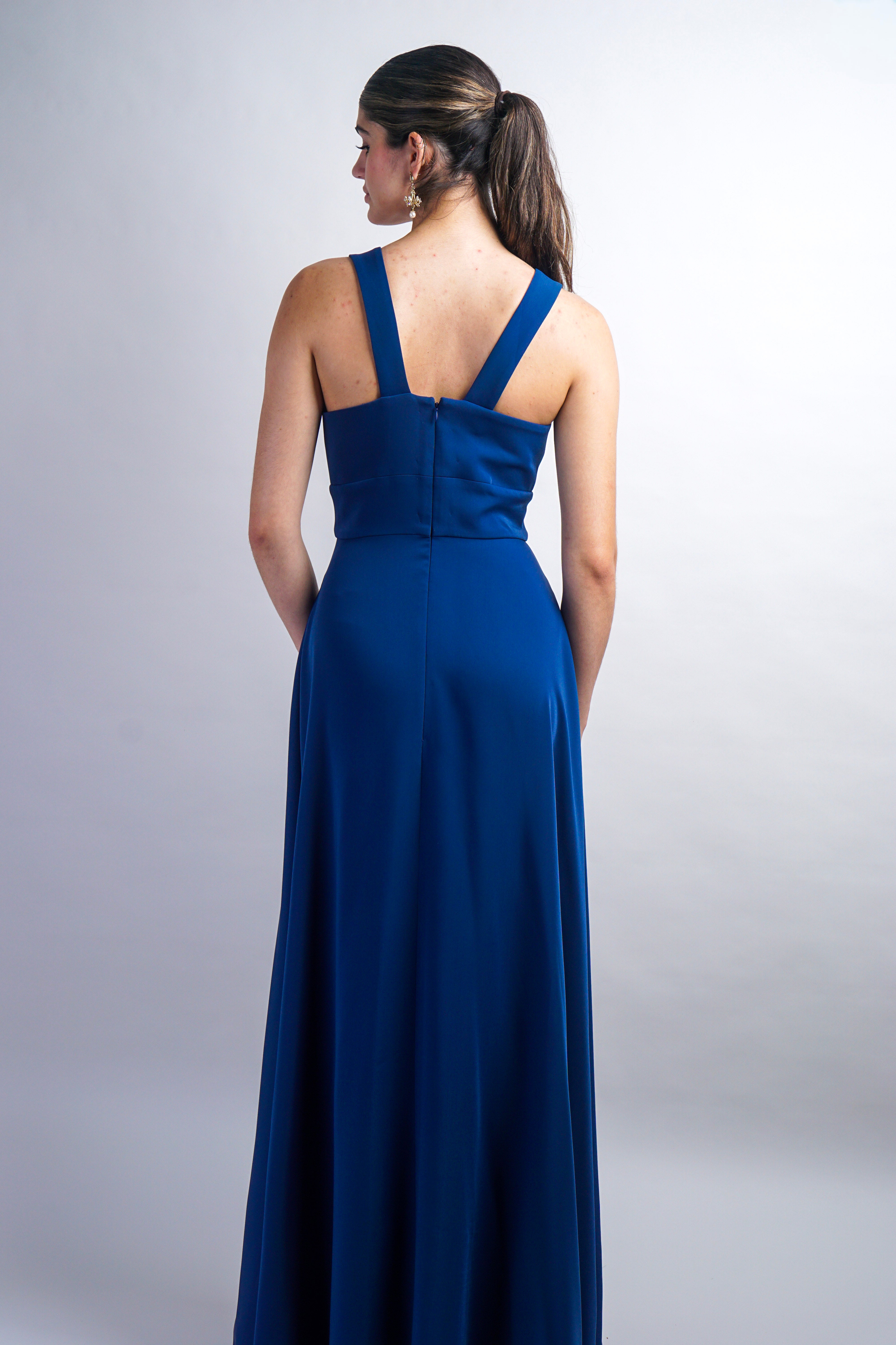 Dark Blue V Neck Front Slit Soraya Gown