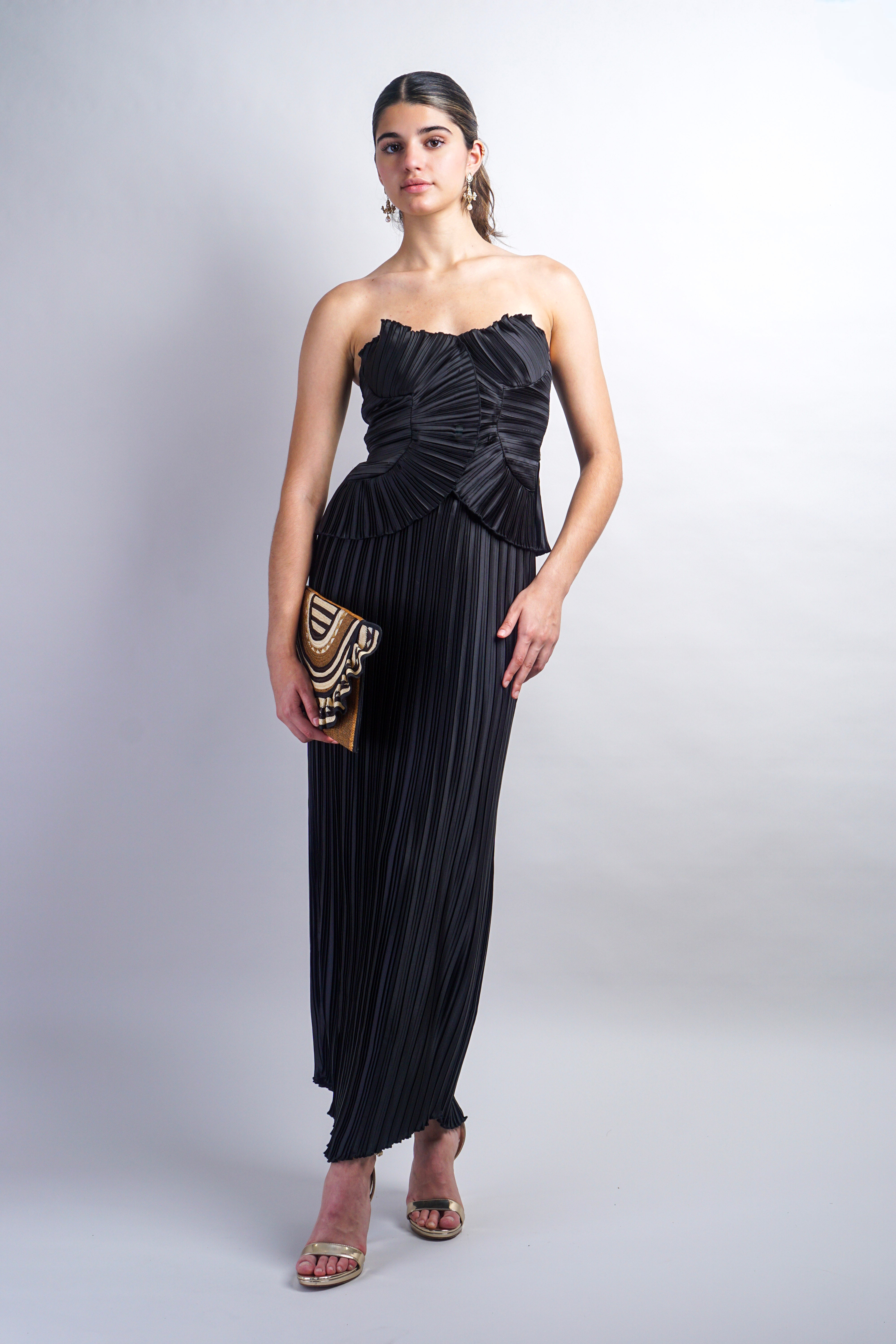 Black Pleated Ruffle Strapless Top and Pencil Skirt Set