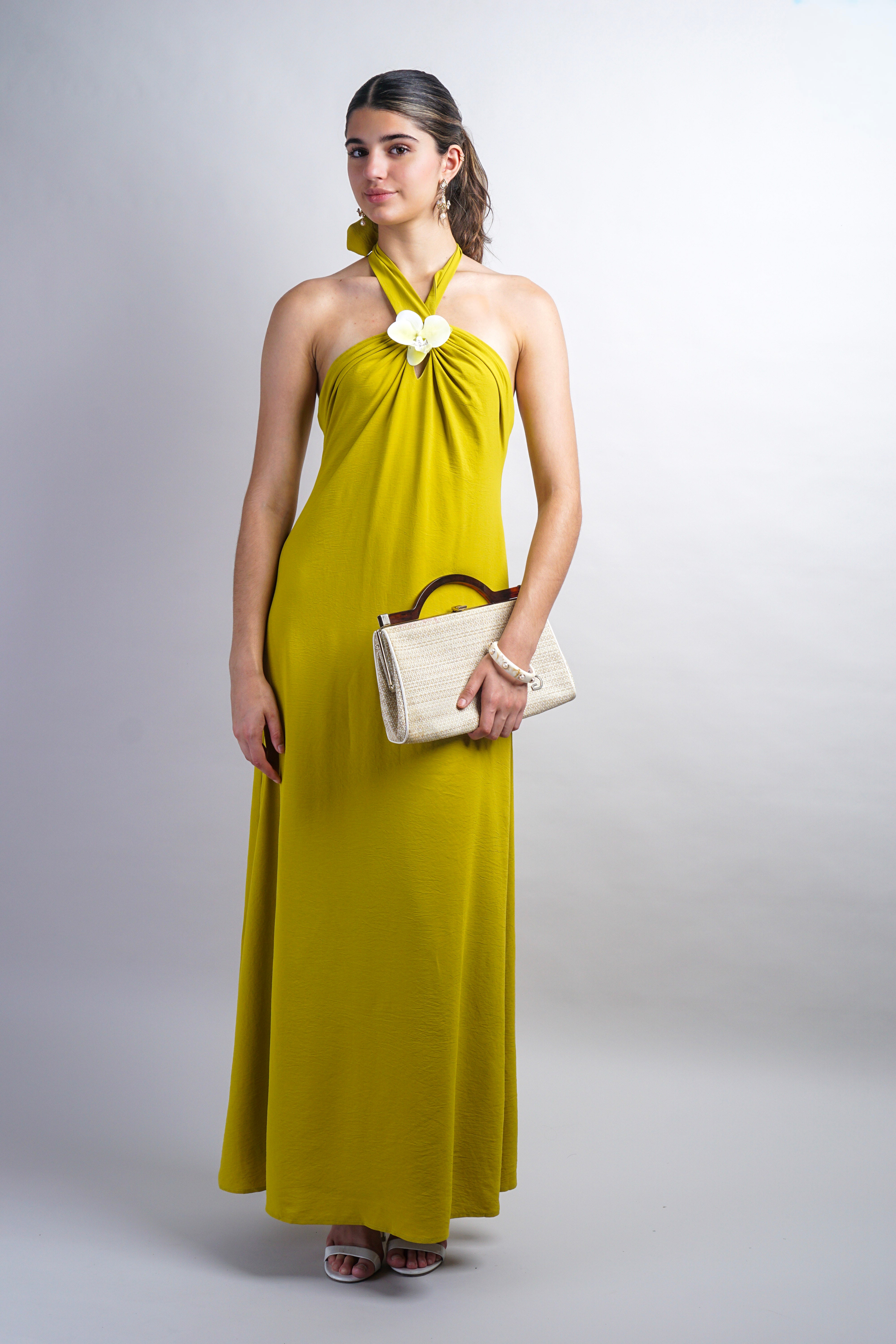 Citron Orchid Flower Neck Detail Maxi Dress