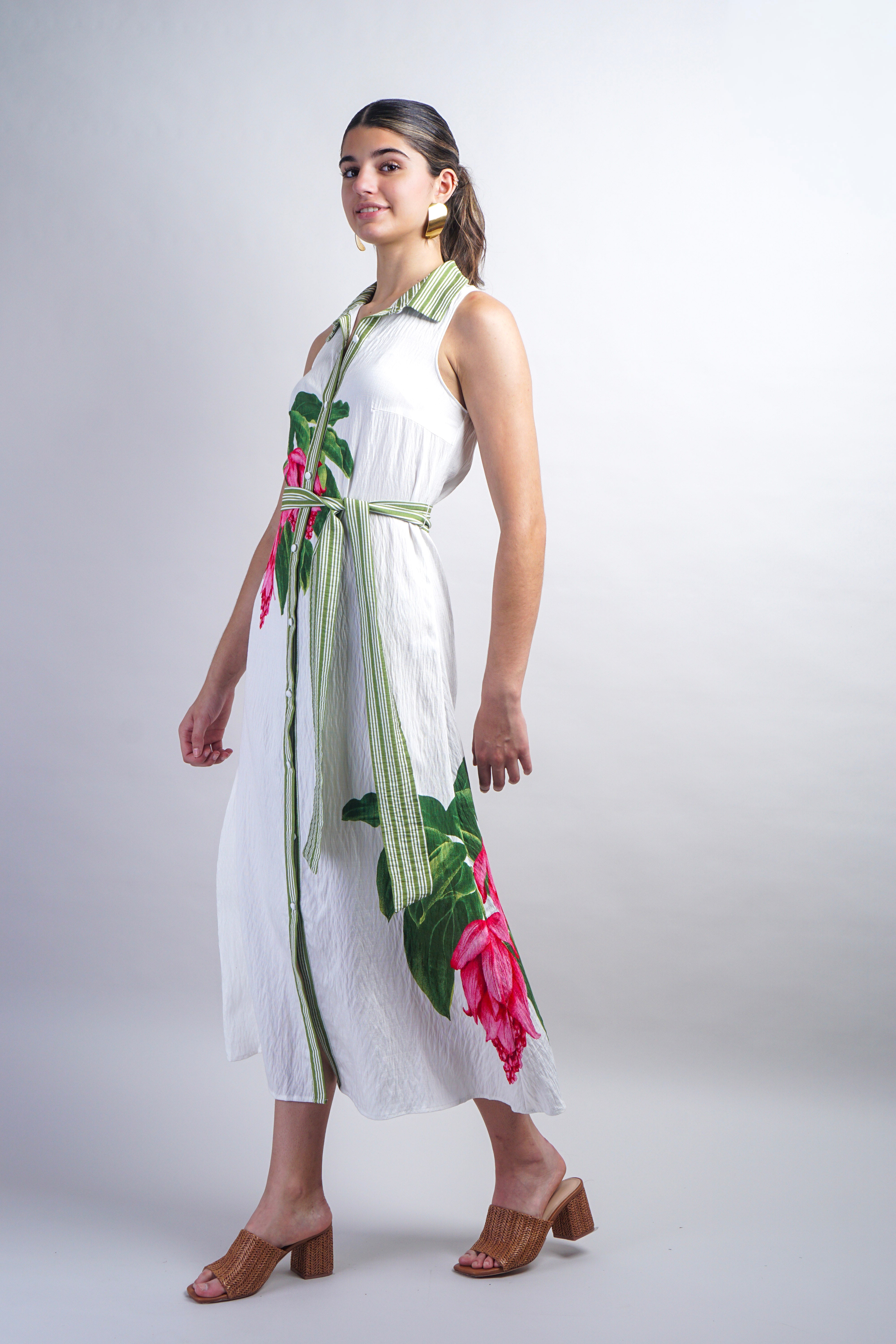 Green Ivory Stripe Pink Flower Shirt Dress