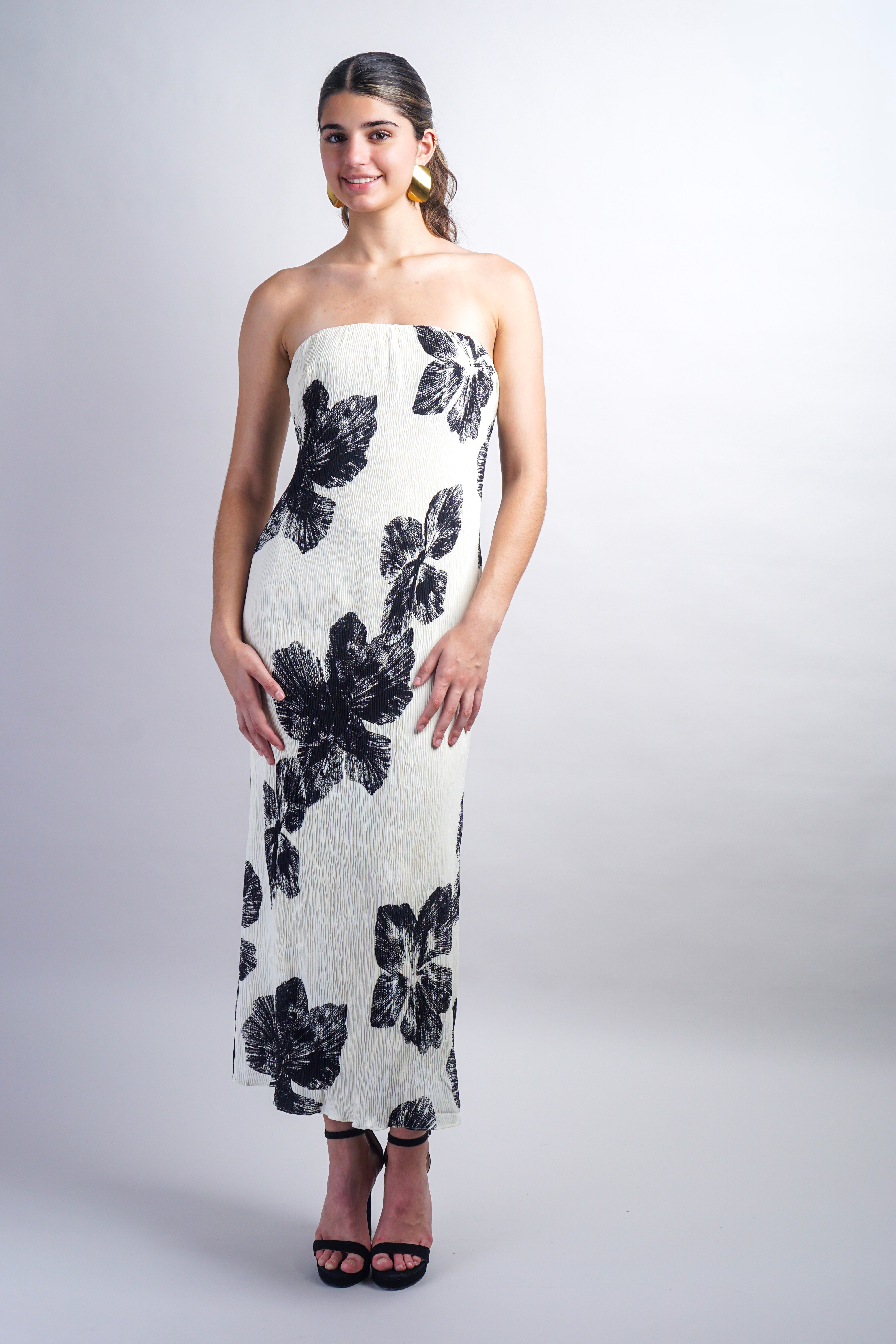 Ivory/Black Strapless Floral Maxi Dress